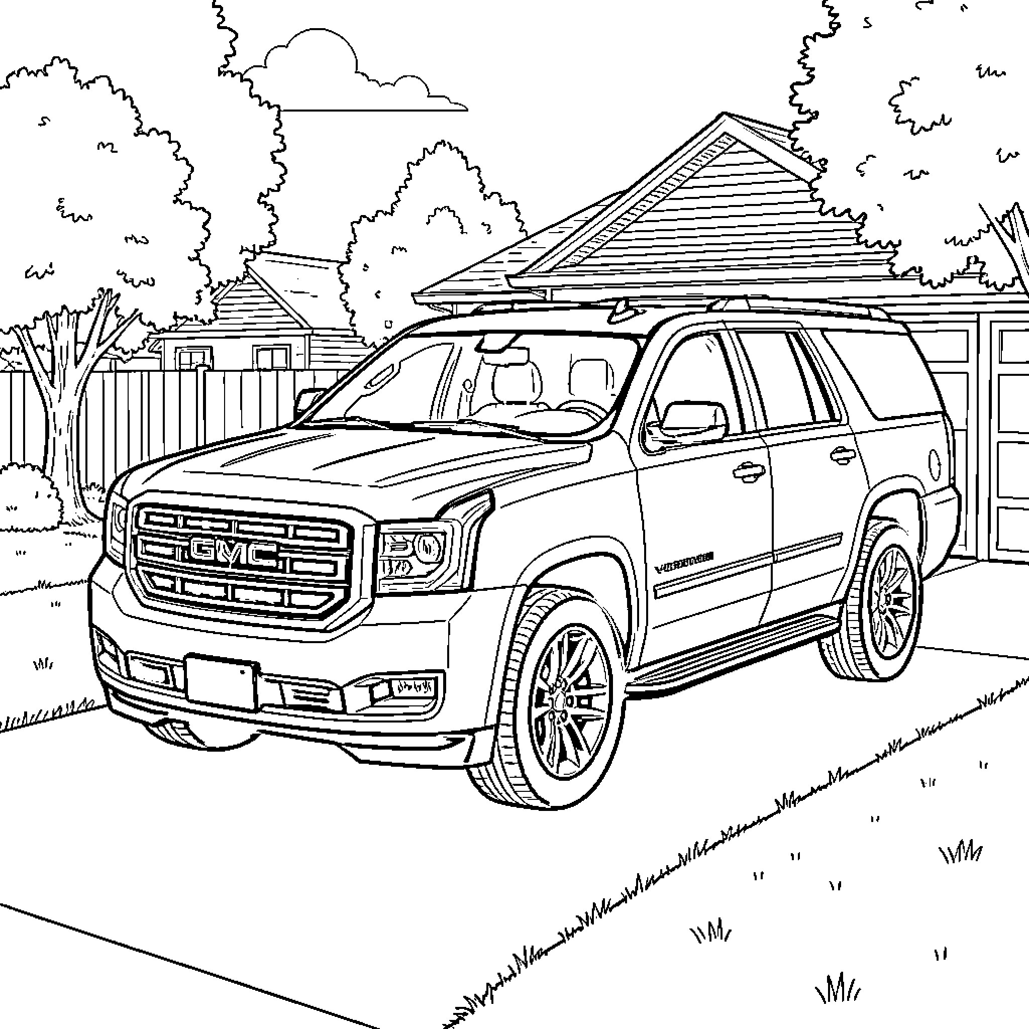 GMC Yukon parked in a residential driveway Coloring Page (free black-and-white line drawing printable PDF for all, from beginners to advanced learners, including children, teens, adults, and seniors)