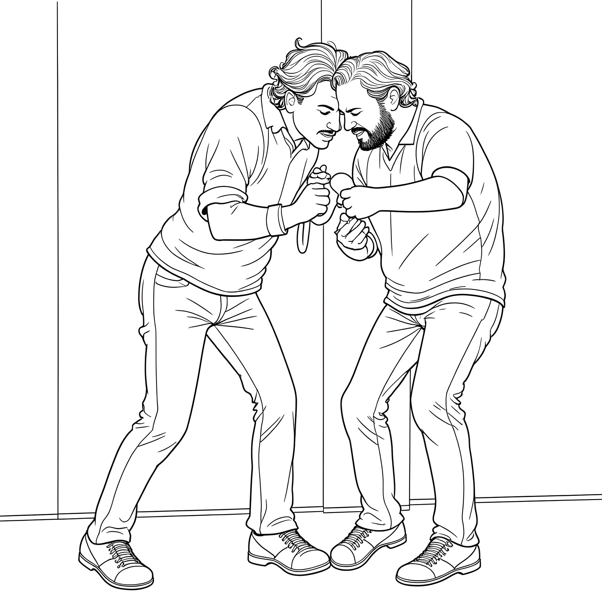 Trey Anastasio Embracing a Friend with Passion Coloring Page (free black-and-white line drawing printable PDF for all, from beginners to advanced learners, including children, teens, adults, and seniors)