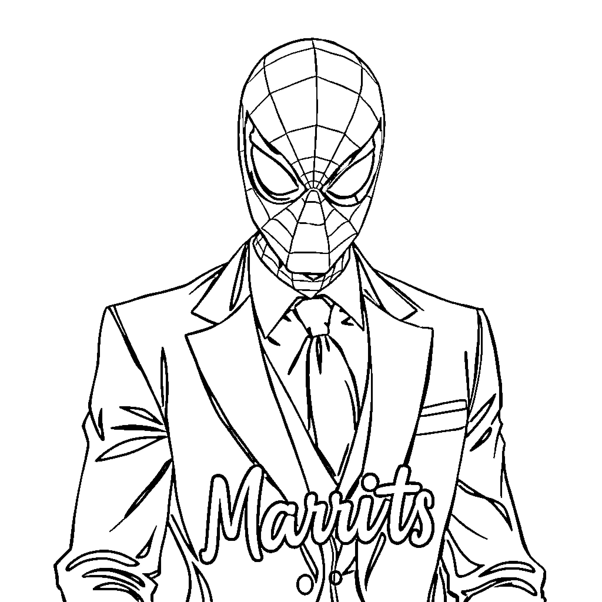Spiderman in a Suit Coloring Page (free black-and-white line drawing printable PDF for all, from beginners to advanced learners, including children, teens, adults, and seniors)