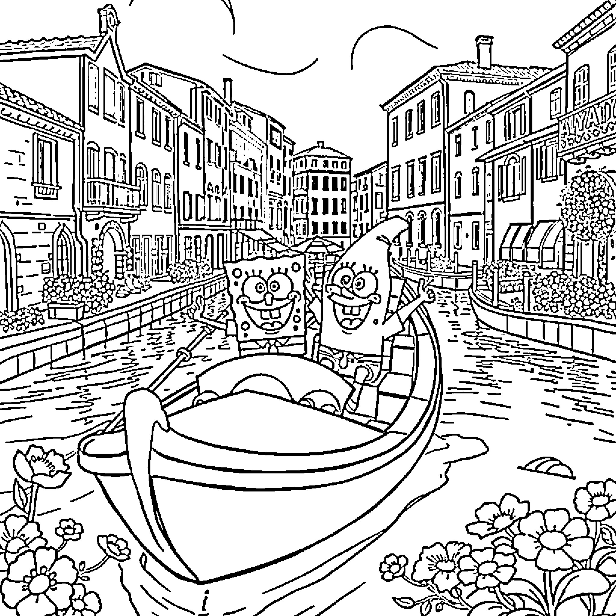 Spongebob and friends explore a Venetian canal Coloring Page (free black-and-white line drawing printable PDF for all, from beginners to advanced learners, including children, teens, adults, and seniors)
