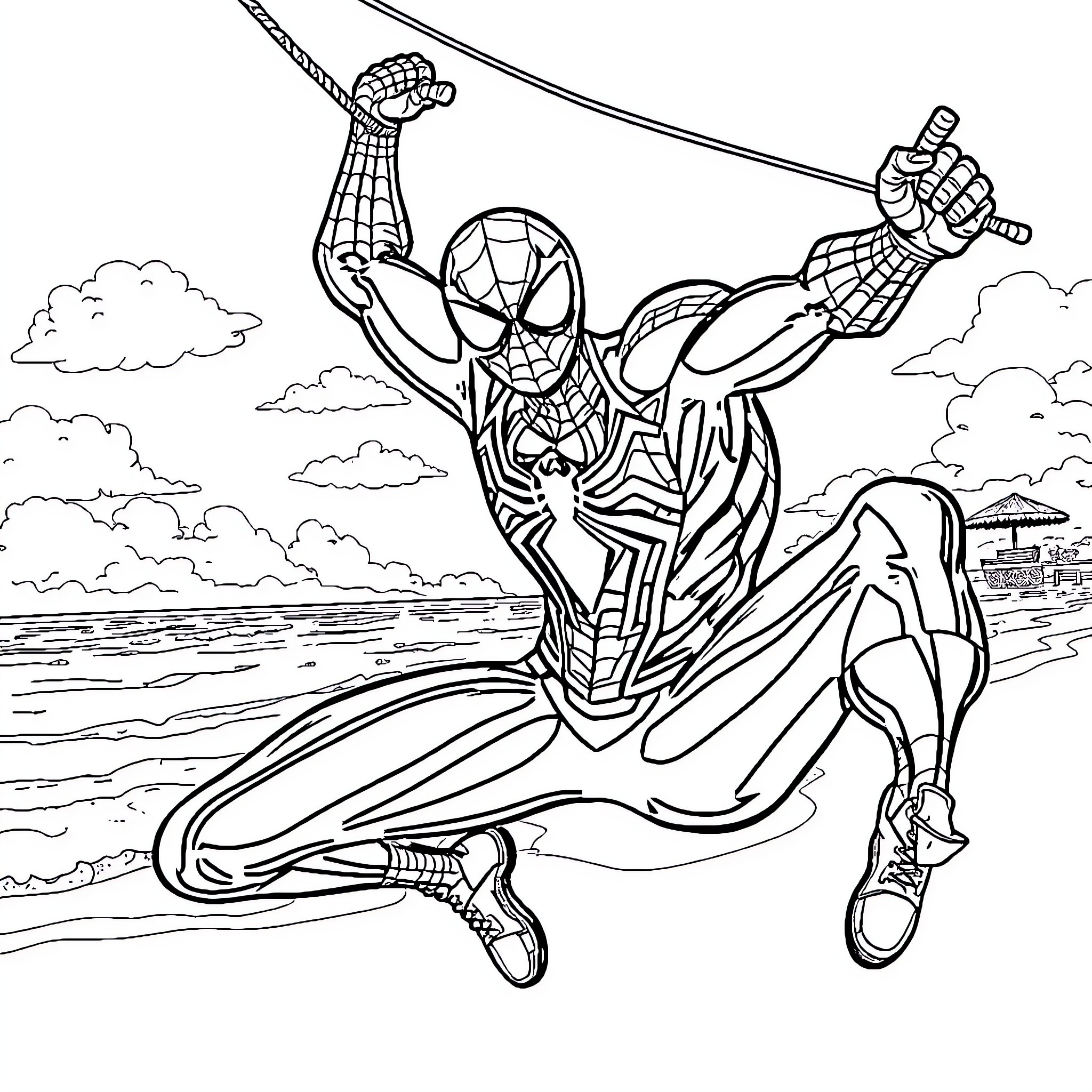 Spiderman swinging through the city with heroic pose Coloring Page (free black-and-white line drawing printable PDF for all, from beginners to advanced learners, including children, teens, adults, and seniors)