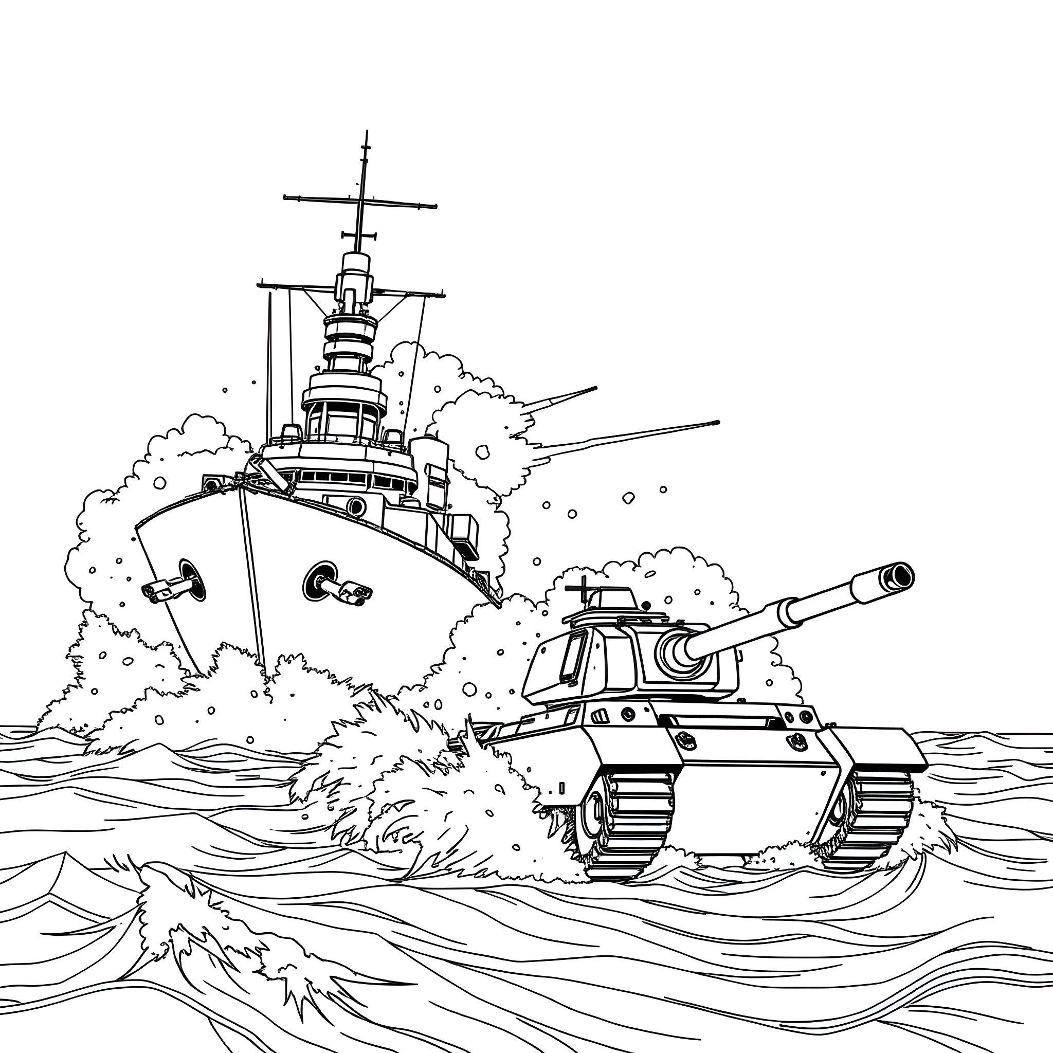 Battleship engaging in coastal bombardment Coloring Page (free black-and-white line drawing printable PDF for all, from beginners to advanced learners, including children, teens, adults, and seniors)