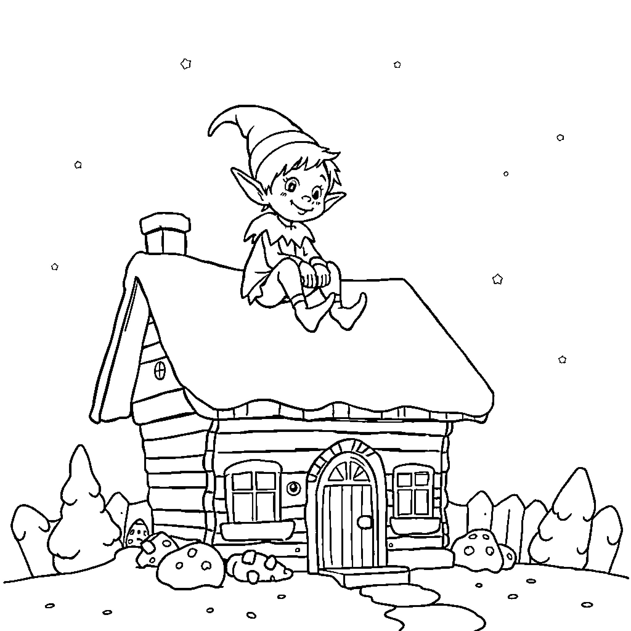 Elf sitting on a cozy cabin in the woods Coloring Page (free black-and-white line drawing printable PDF for all, from beginners to advanced learners, including children, teens, adults, and seniors)