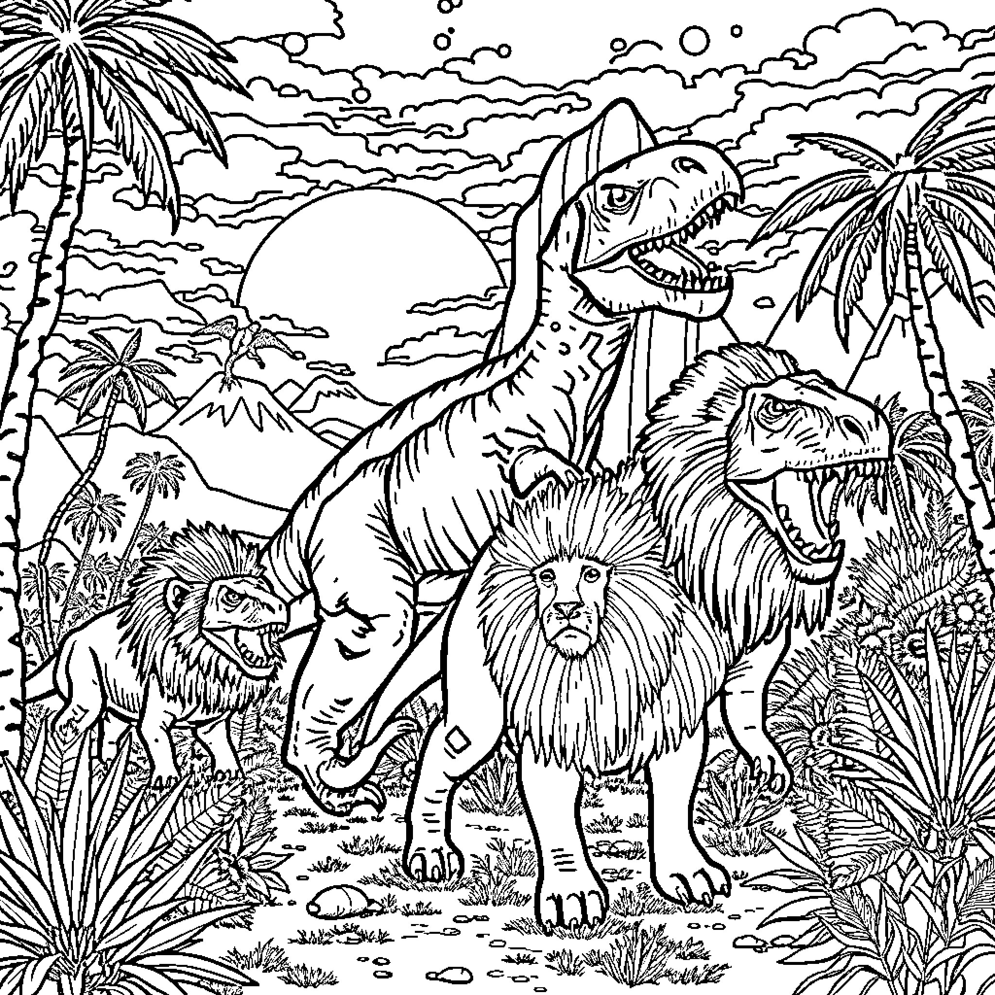 Dinosaur scene with ferocious creatures in the wild Coloring Page (free black-and-white line drawing printable PDF for all, from beginners to advanced learners, including children, teens, adults, and seniors)