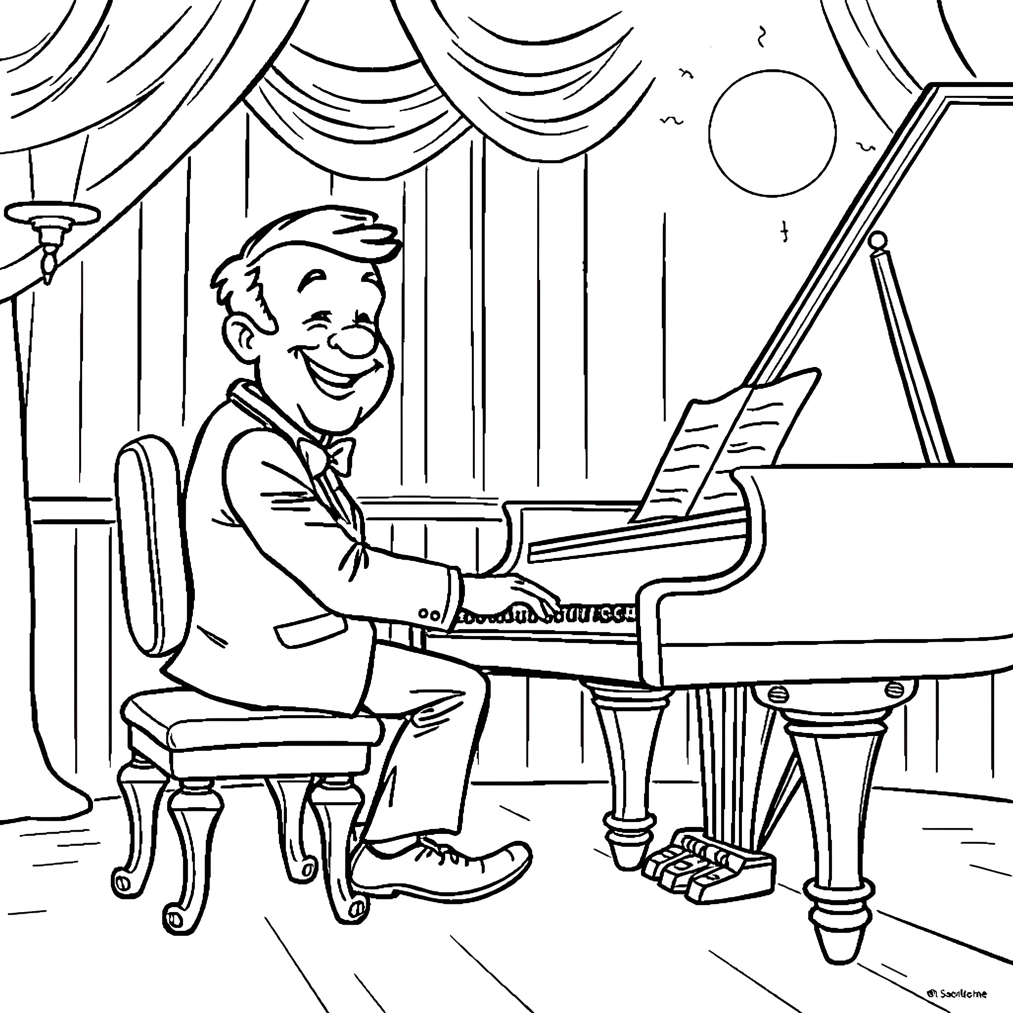 Mr. Bill plays happily on the piano on stage Coloring Page (free black-and-white line drawing printable PDF for all, from beginners to advanced learners, including children, teens, adults, and seniors)