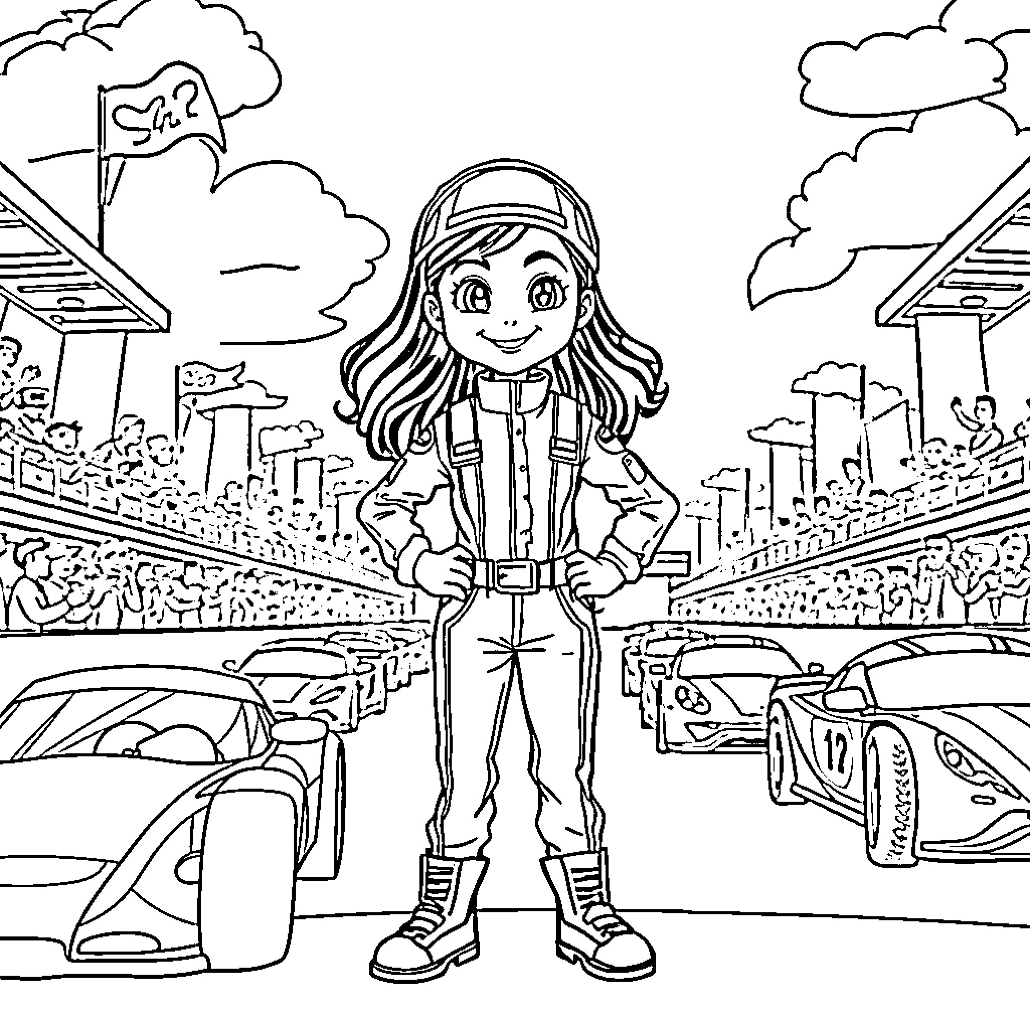 Girl exploring the city streets with excitement Coloring Page (free black-and-white line drawing printable PDF for all, from beginners to advanced learners, including children, teens, adults, and seniors)