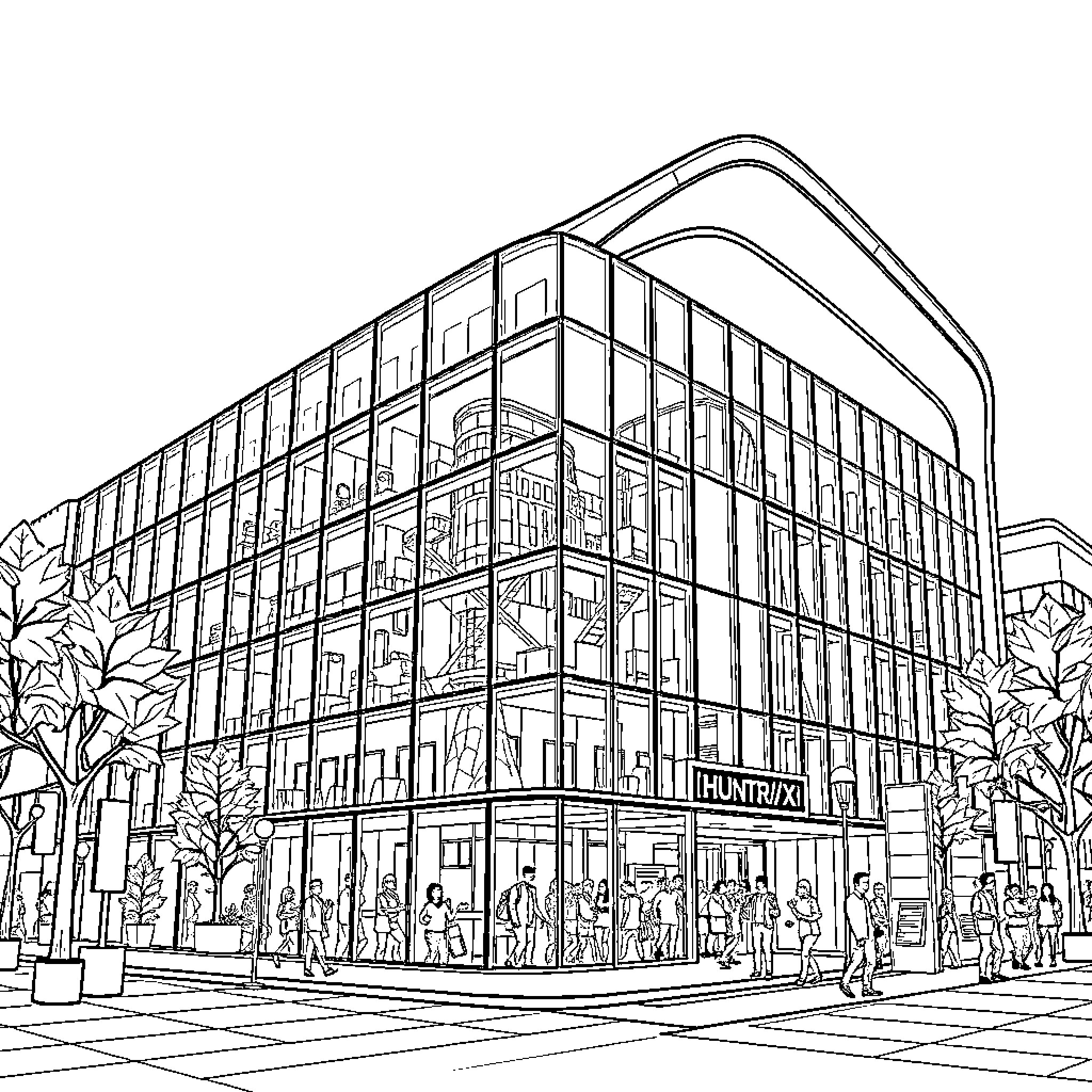 HUNTR/X Outdoor Shopping Mall Scene Coloring Page (free black-and-white line drawing printable PDF for all, from beginners to advanced learners, including children, teens, adults, and seniors)