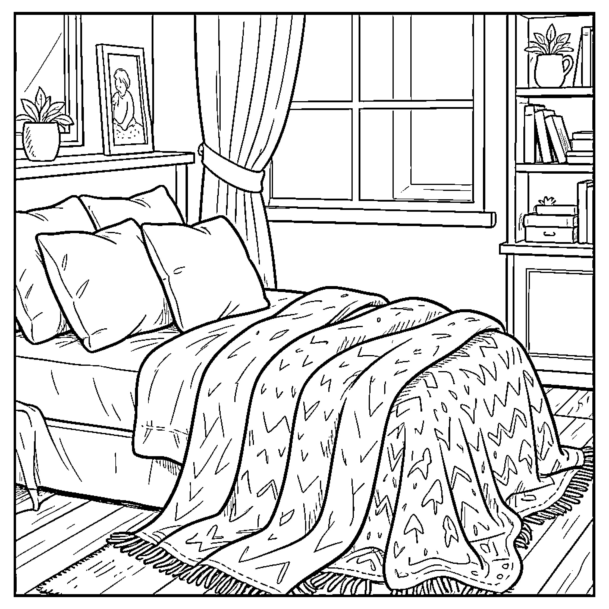 Cozy bedroom scene with a bed and window Coloring Page (free black-and-white line drawing printable PDF for all, from beginners to advanced learners, including children, teens, adults, and seniors)