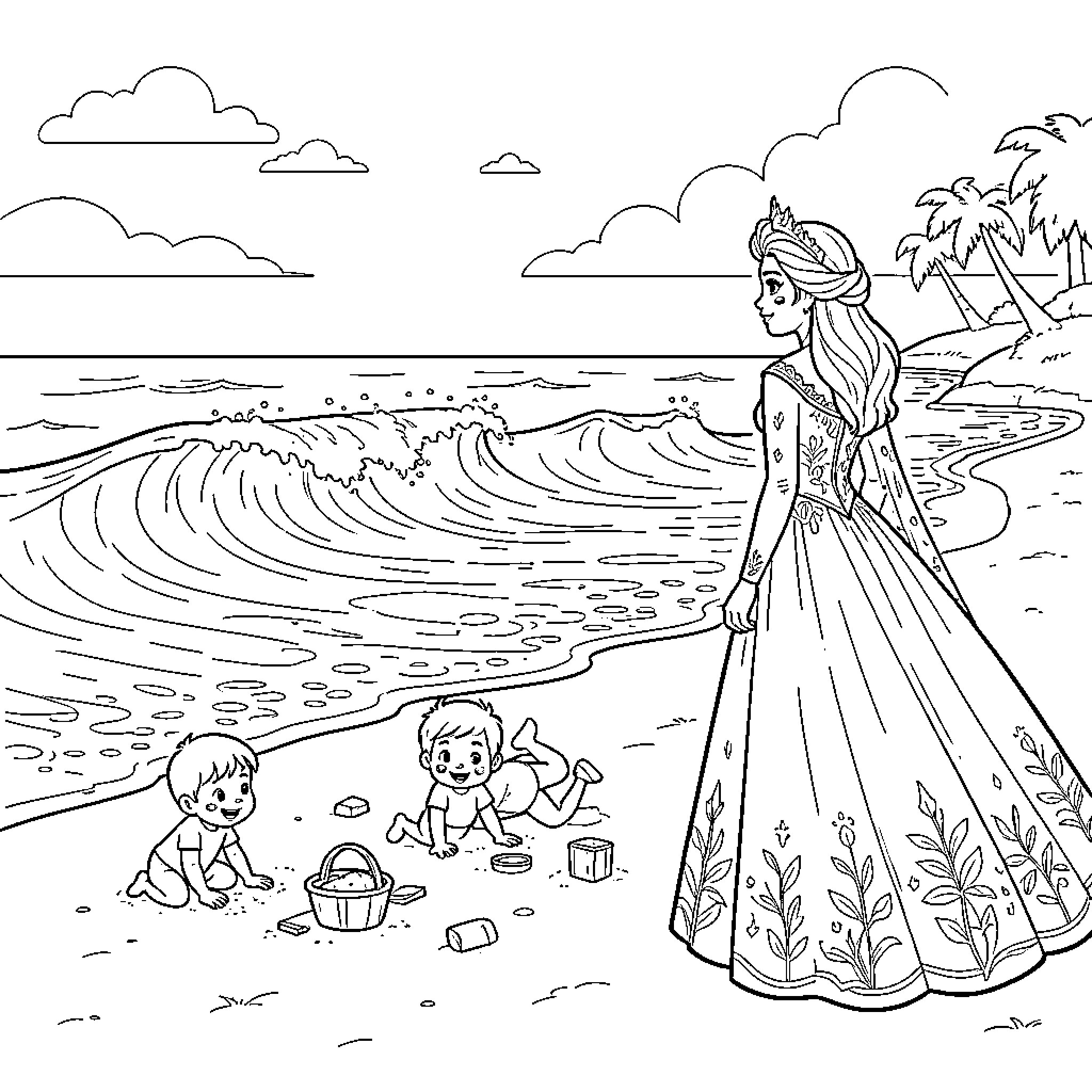 Snow Queen standing by waves watching playing children Coloring Page (free black-and-white line drawing printable PDF for all, from beginners to advanced learners, including children, teens, adults, and seniors)
