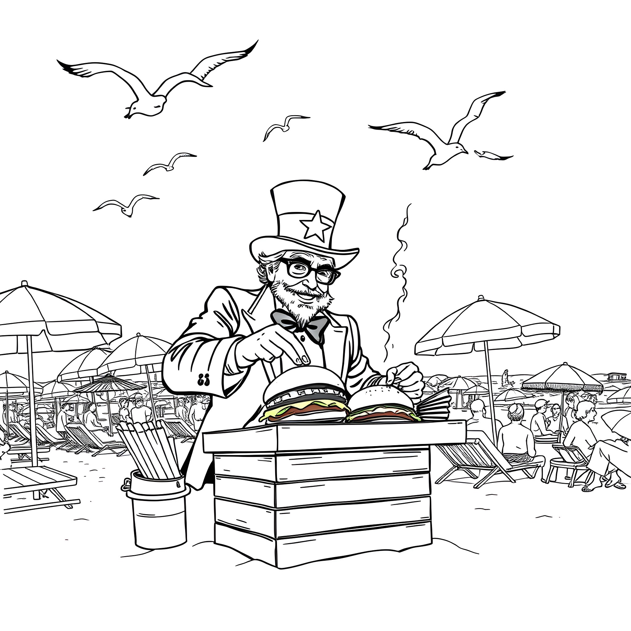 Uncle Sam Reading a Book on the Beach Coloring Page (free black-and-white line drawing printable PDF for all, from beginners to advanced learners, including children, teens, adults, and seniors)