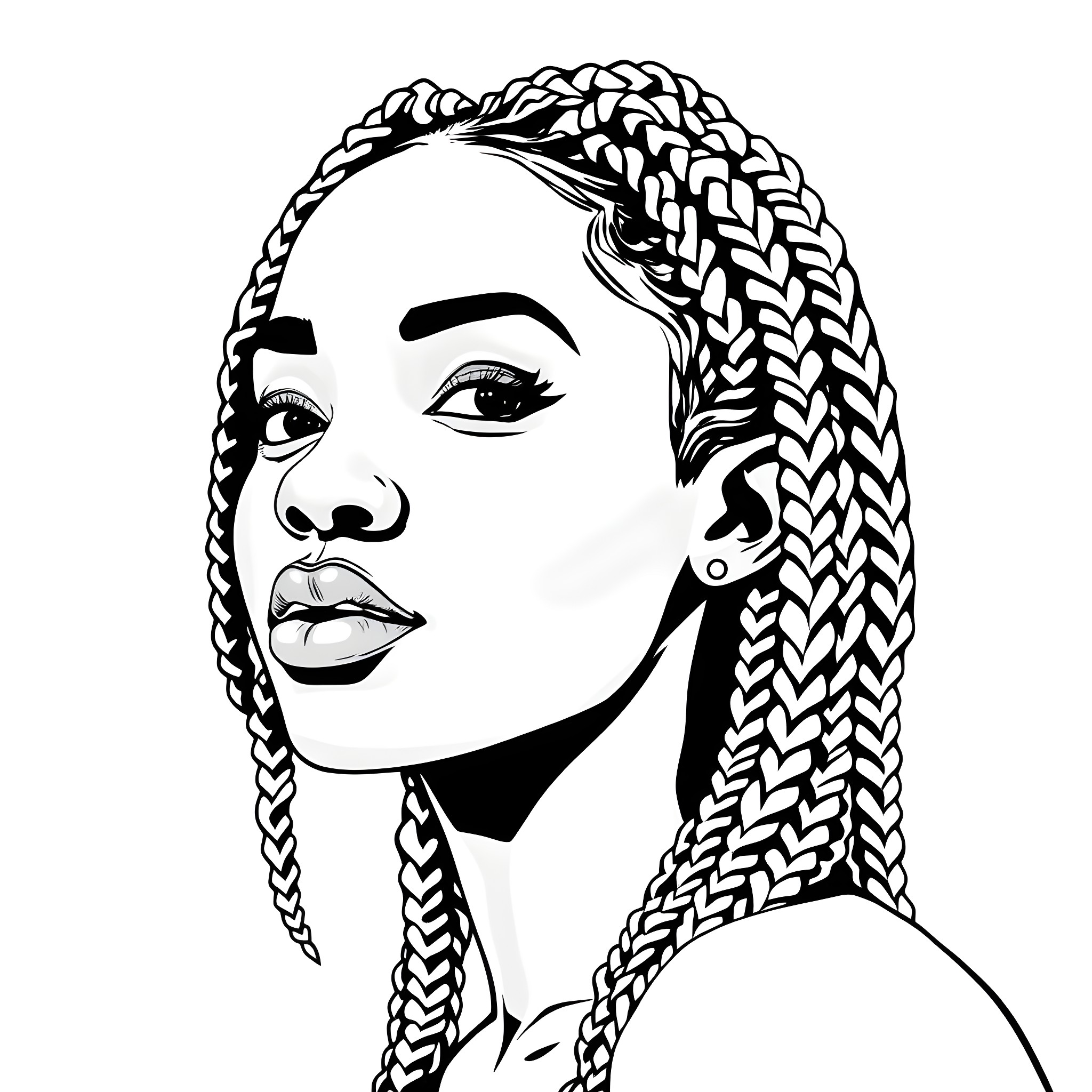 Black Woman with Braided Hairstyle Coloring Page (free black-and-white line drawing printable PDF for all, from beginners to advanced learners, including children, teens, adults, and seniors)
