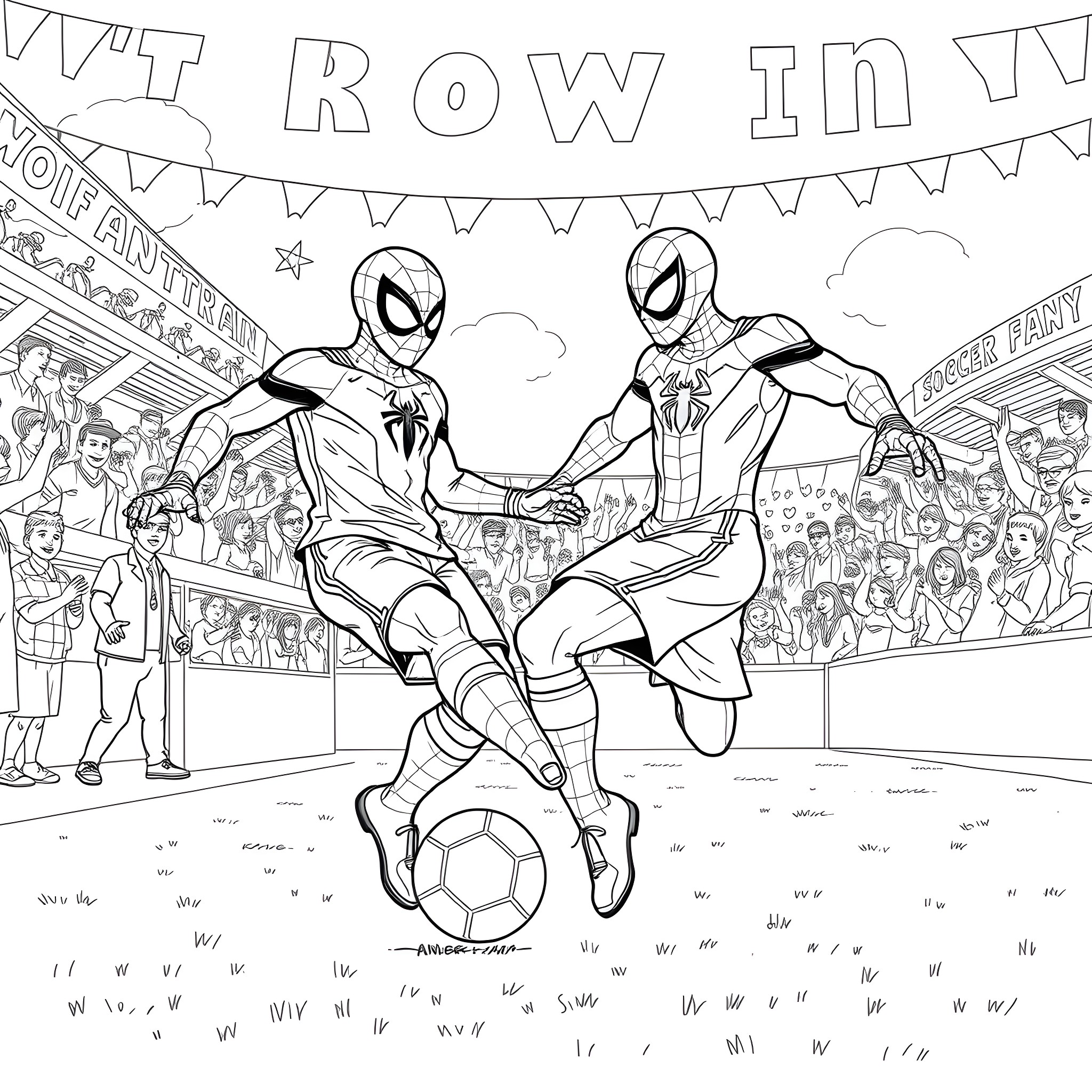 Bowler teammates compete in a soccer match Coloring Page (free black-and-white line drawing printable PDF for all, from beginners to advanced learners, including children, teens, adults, and seniors)