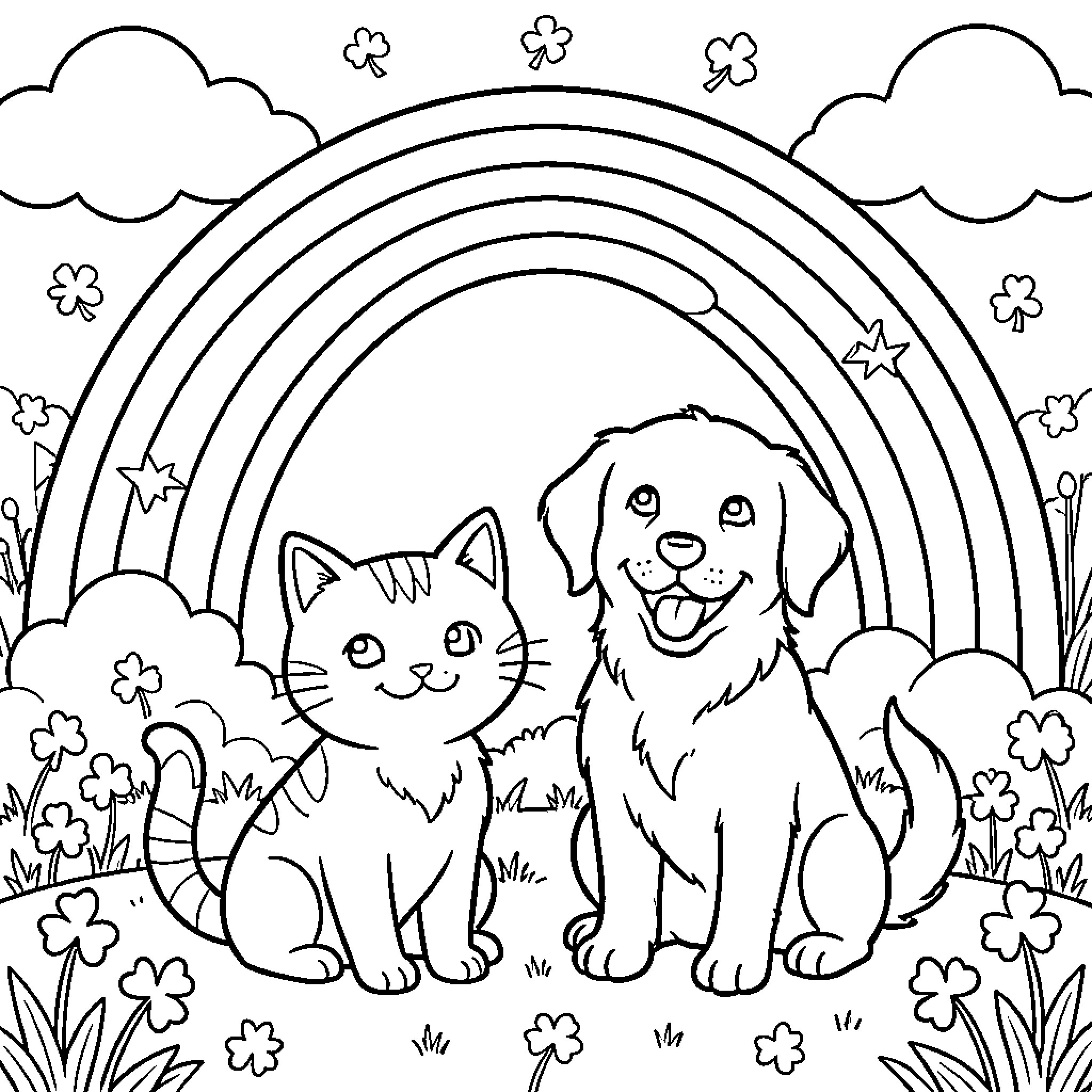 Cat and Dog playing together in a meadow Coloring Page (free black-and-white line drawing printable PDF for all, from beginners to advanced learners, including children, teens, adults, and seniors)