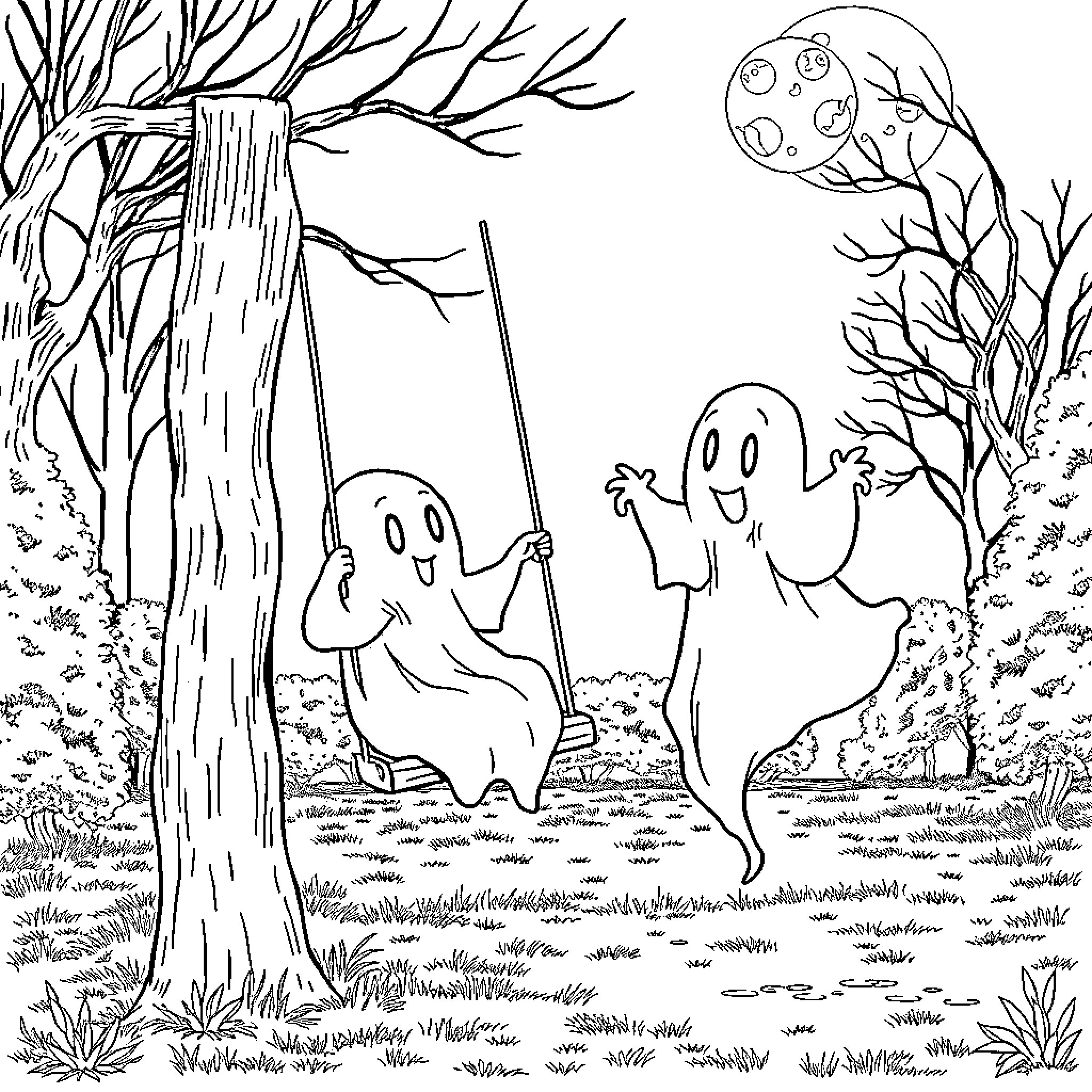 Ghost characters enjoying the spooky night outdoors Coloring Page (free black-and-white line drawing printable PDF for all, from beginners to advanced learners, including children, teens, adults, and seniors)