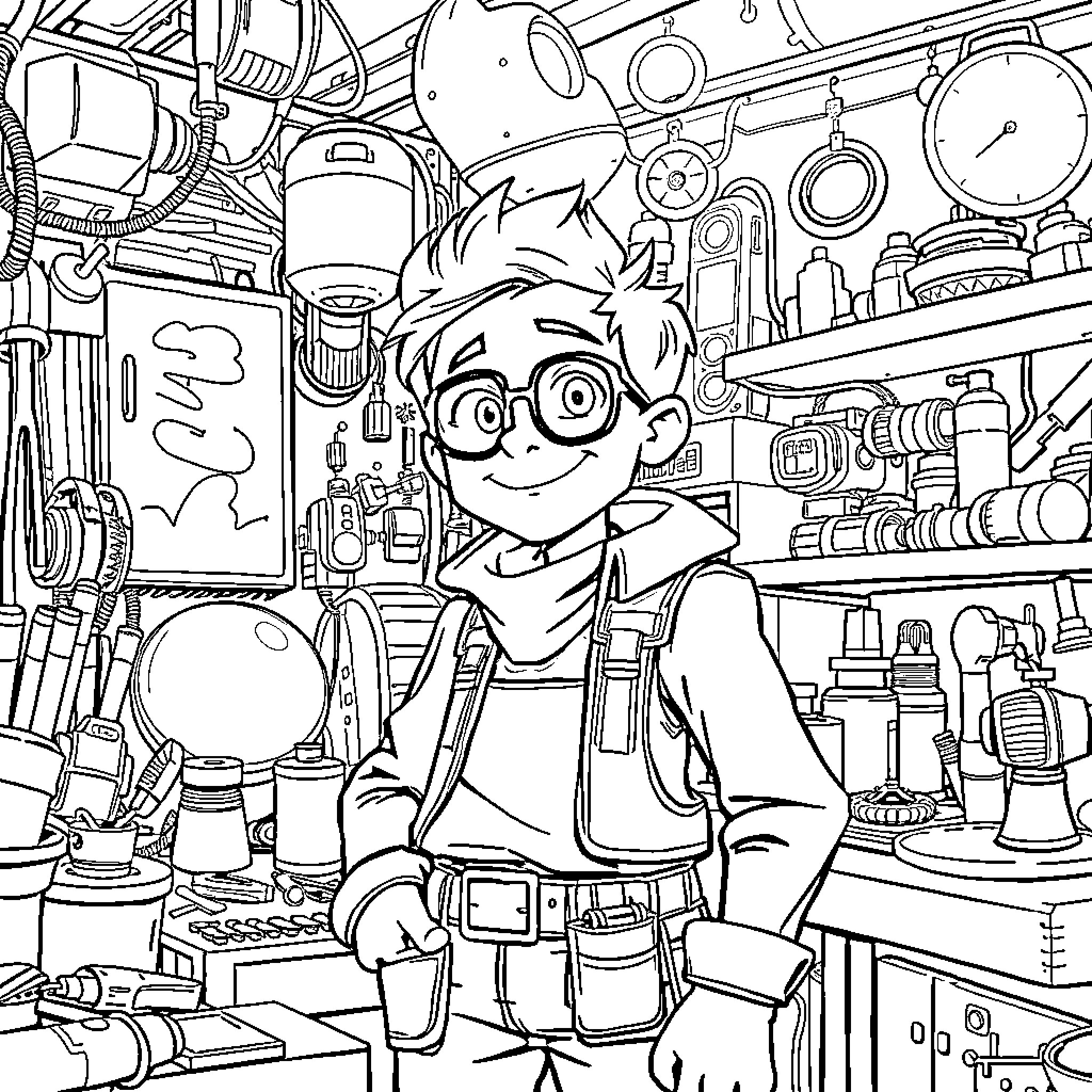 Inventor tinkering with gadgets in his workshop Coloring Page (free black-and-white line drawing printable PDF for all, from beginners to advanced learners, including children, teens, adults, and seniors)