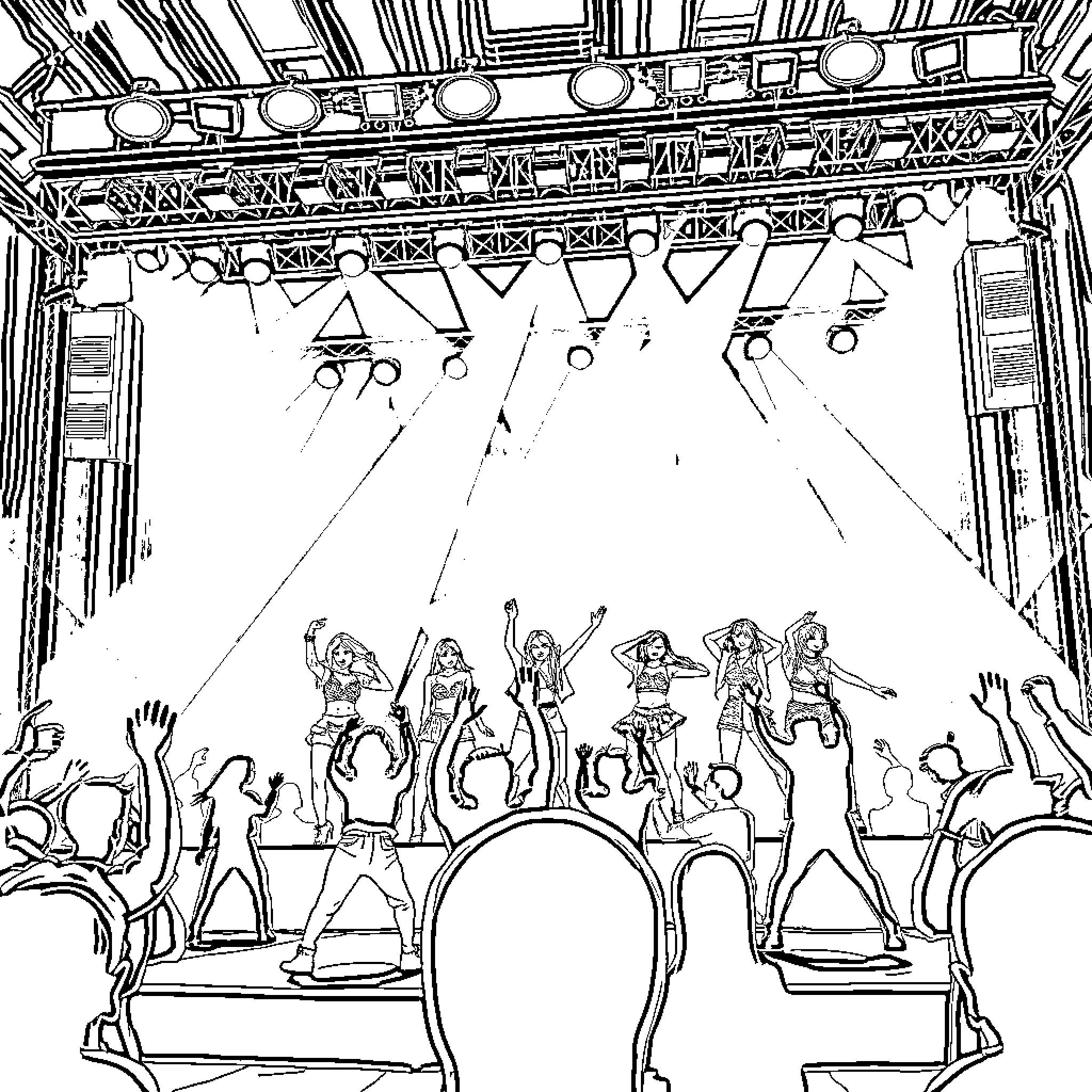 Kpop Dance Performance on Illuminated Stage Coloring Page (free black-and-white line drawing printable PDF for all, from beginners to advanced learners, including children, teens, adults, and seniors)