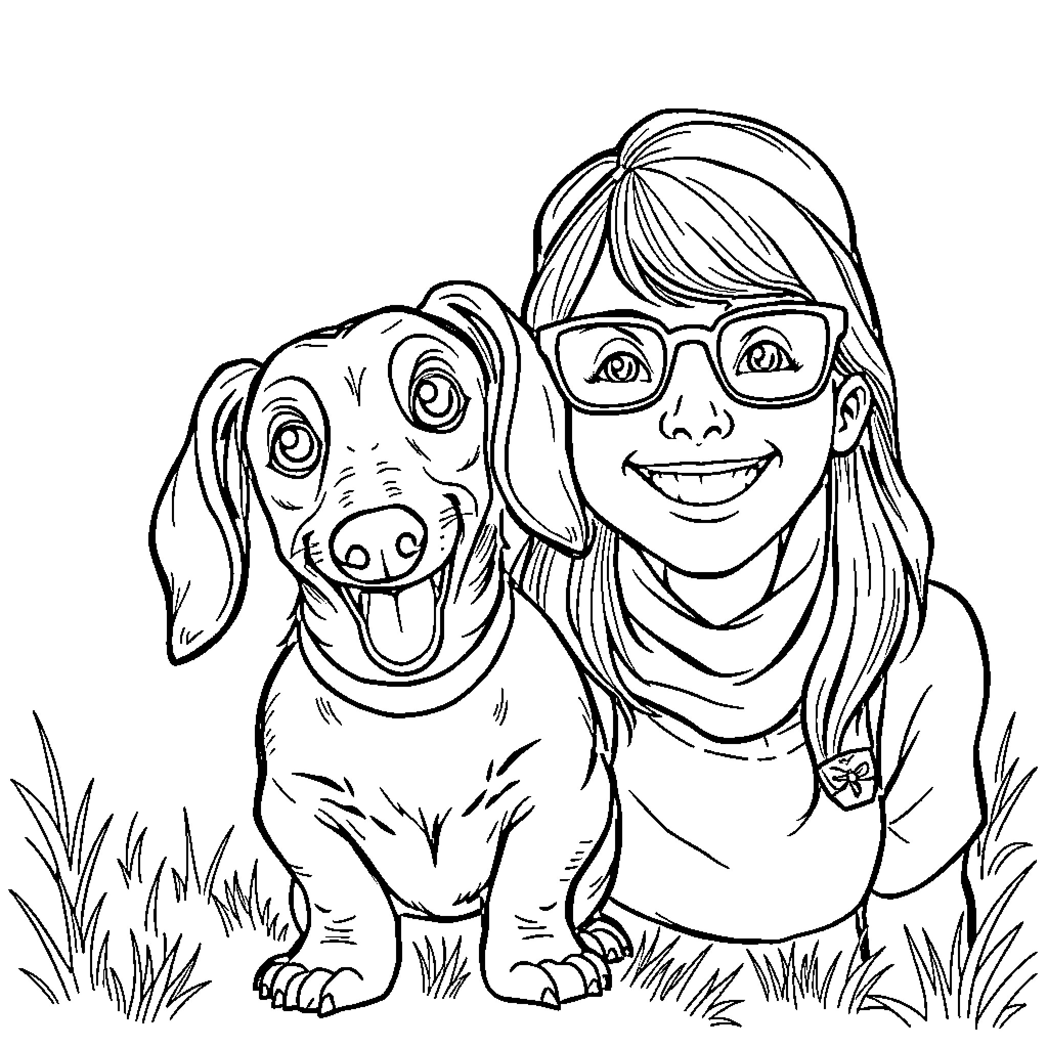 Dachshund and owner enjoying outdoor adventure Coloring Page (free black-and-white line drawing printable PDF for all, from beginners to advanced learners, including children, teens, adults, and seniors)