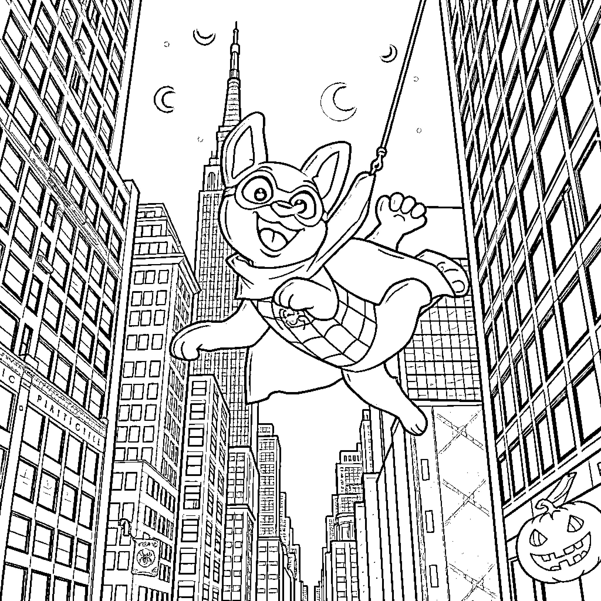 Bluey's Superhero Adventure in the City Coloring Page (free black-and-white line drawing printable PDF for all, from beginners to advanced learners, including children, teens, adults, and seniors)