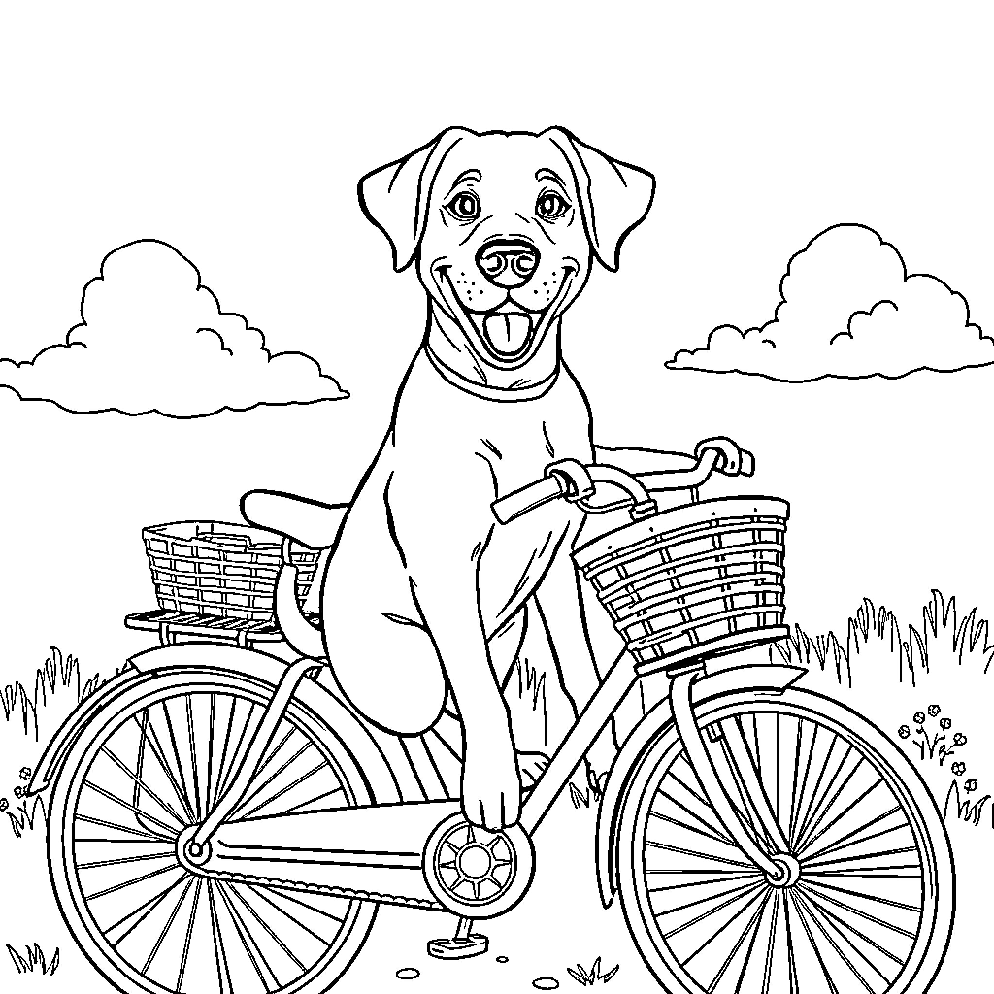 Dog riding a bicycle in the countryside Coloring Page (free black-and-white line drawing printable PDF for all, from beginners to advanced learners, including children, teens, adults, and seniors)