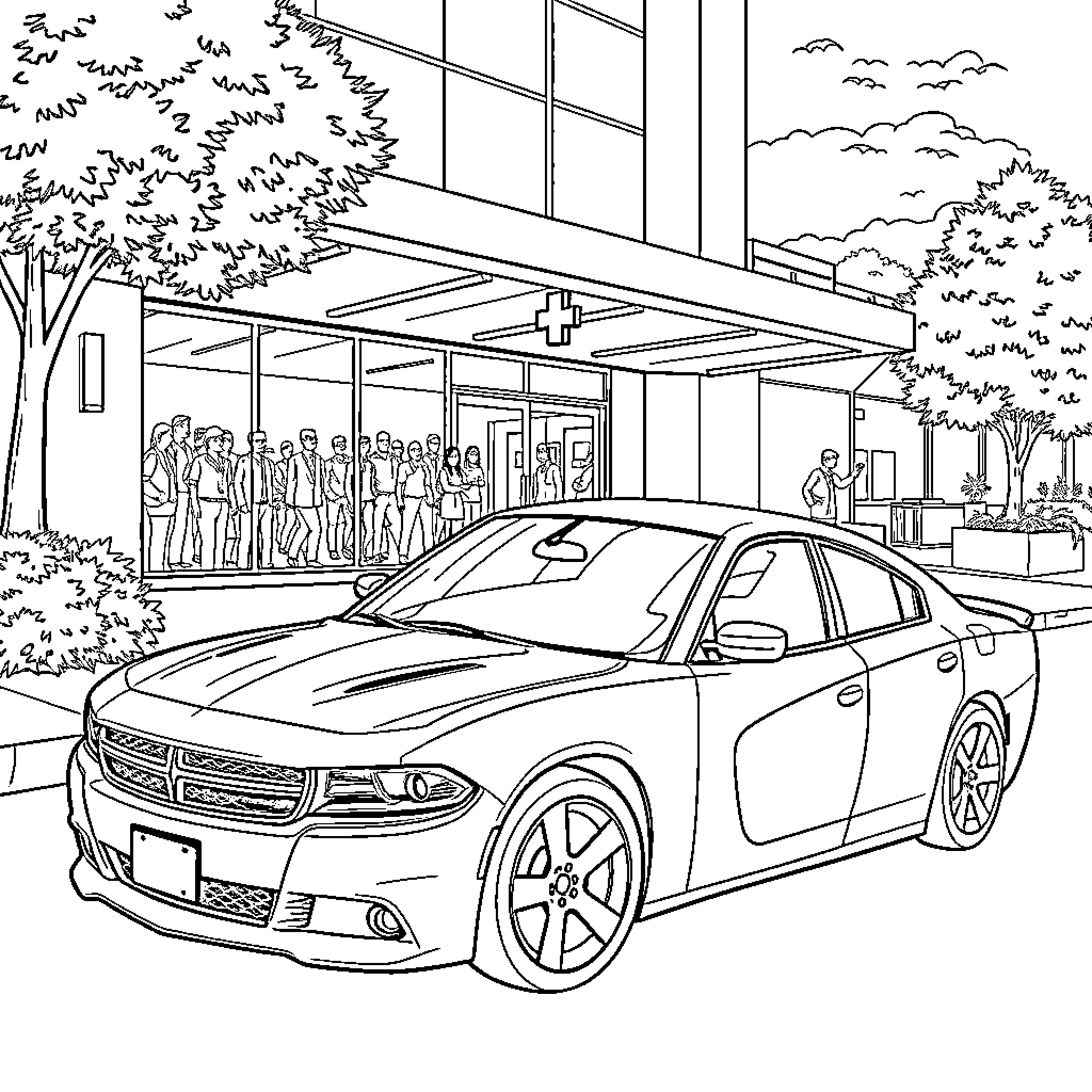 Dodge Charger in front of crowded building Coloring Page (free black-and-white line drawing printable PDF for all, from beginners to advanced learners, including children, teens, adults, and seniors)