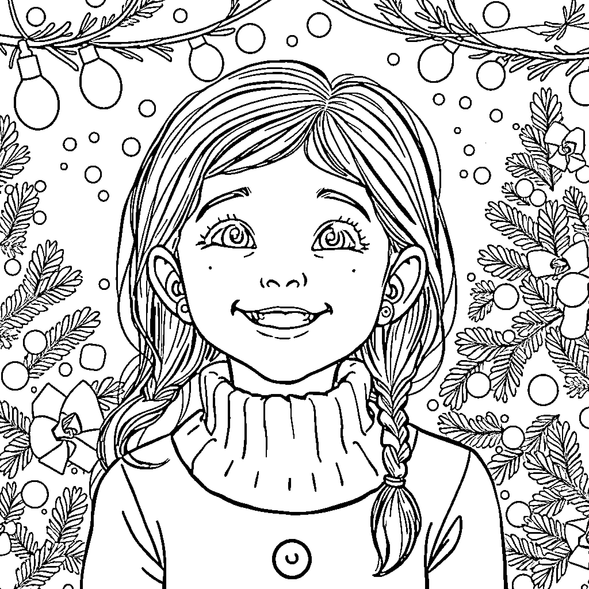 Girl Smiling Cheerfully in Winter Wonderland Coloring Page (free black-and-white line drawing printable PDF for all, from beginners to advanced learners, including children, teens, adults, and seniors)