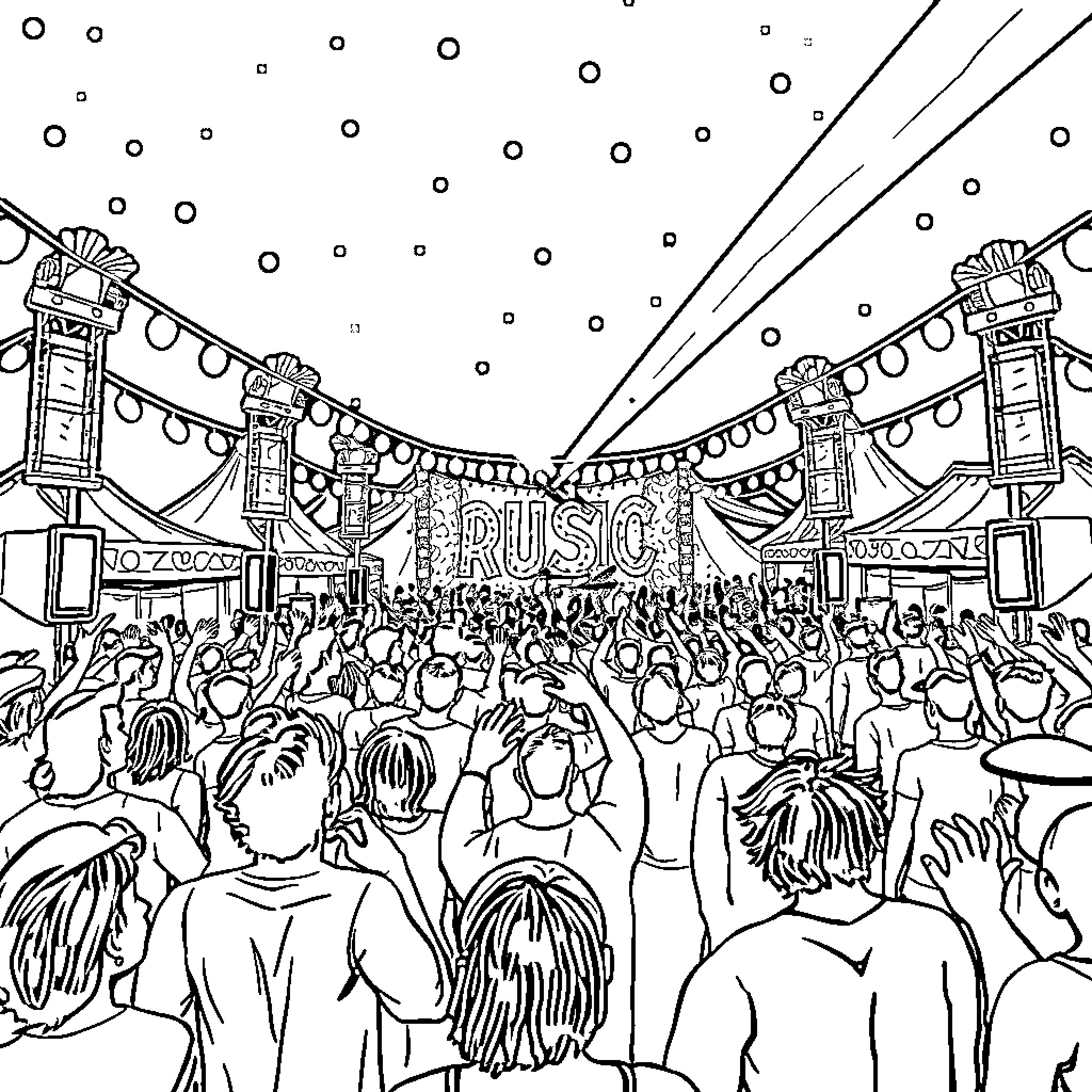 Music festival crowd enjoying performance on stage Coloring Page (free black-and-white line drawing printable PDF for all, from beginners to advanced learners, including children, teens, adults, and seniors)