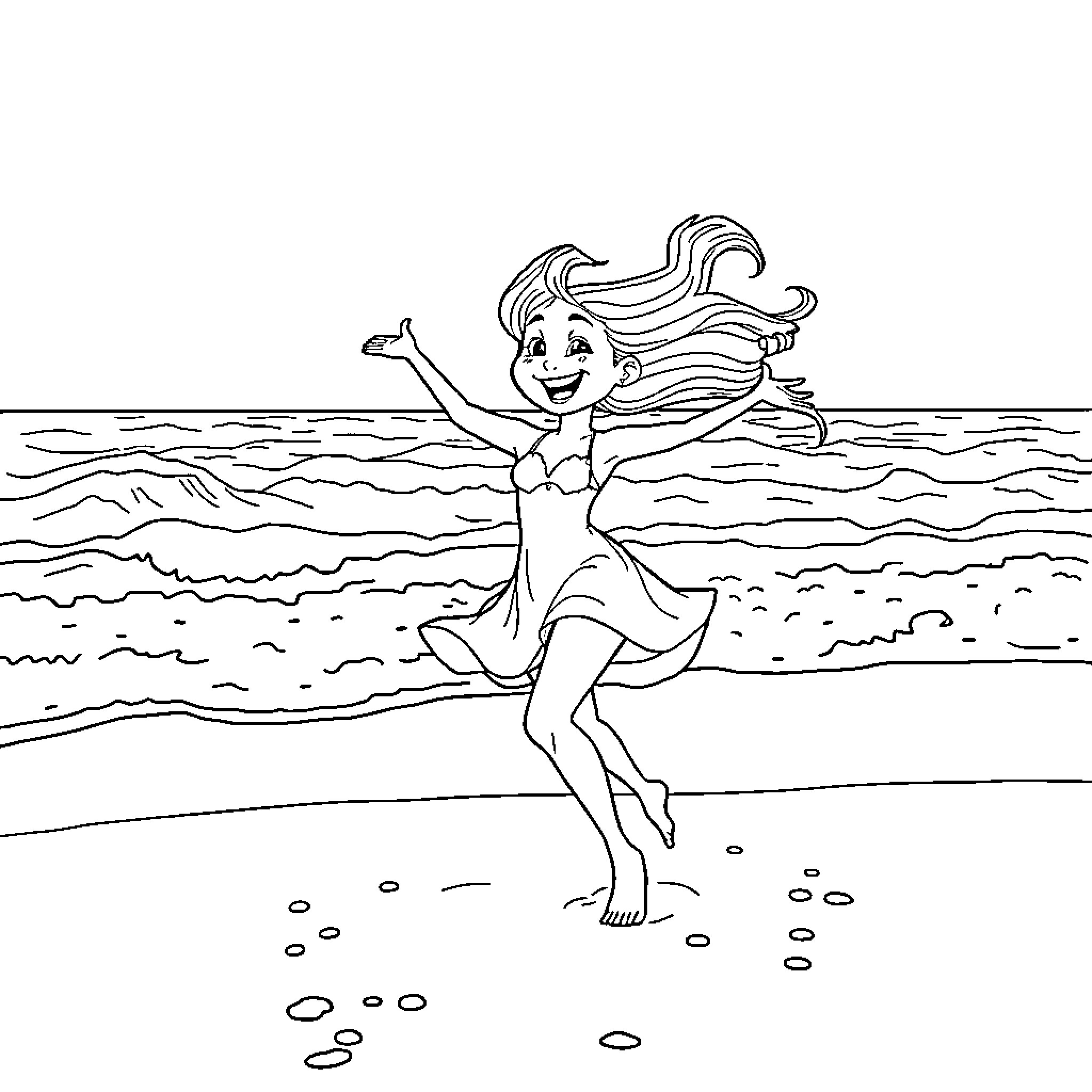 Bluey playing joyfully on the beach Coloring Page (free black-and-white line drawing printable PDF for all, from beginners to advanced learners, including children, teens, adults, and seniors)