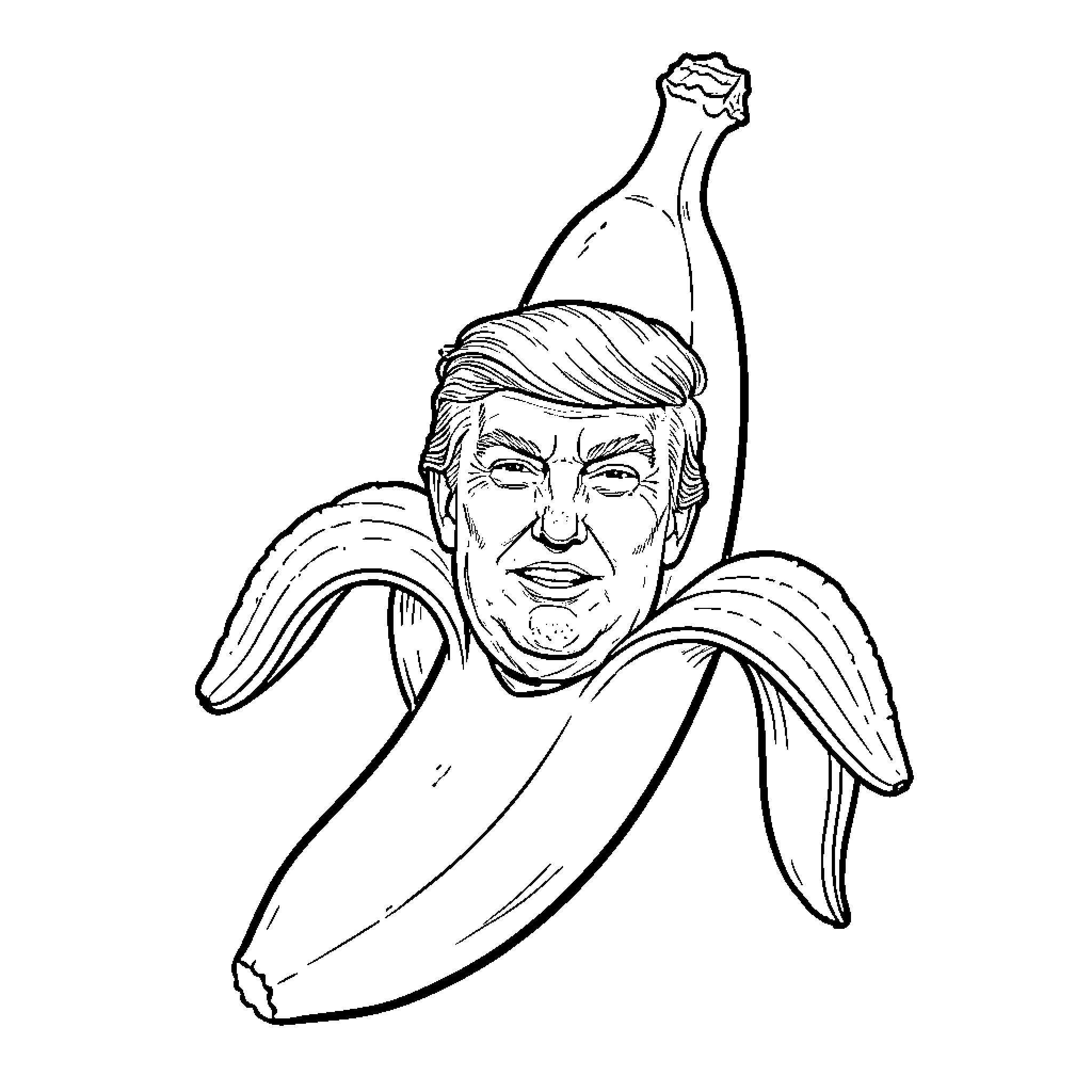 Trump depicted as a character inside a banana Coloring Page (free black-and-white line drawing printable PDF for all, from beginners to advanced learners, including children, teens, adults, and seniors)