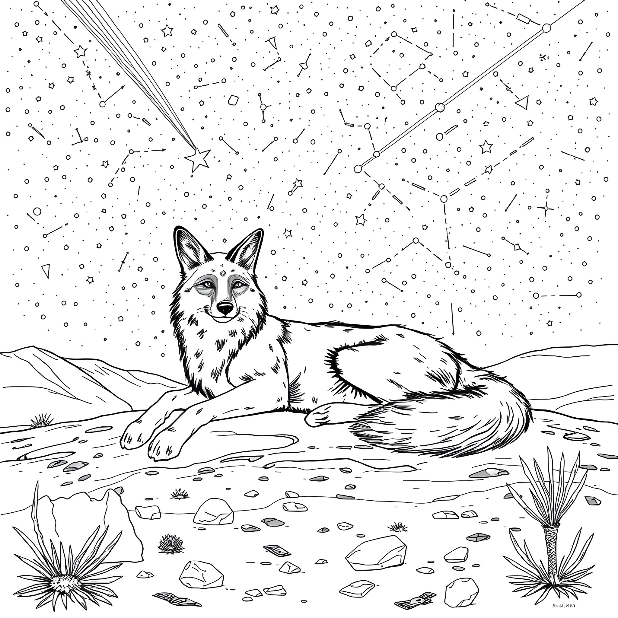 Coyote resting in the starry night Coloring Page (free black-and-white line drawing printable PDF for all, from beginners to advanced learners, including children, teens, adults, and seniors)
