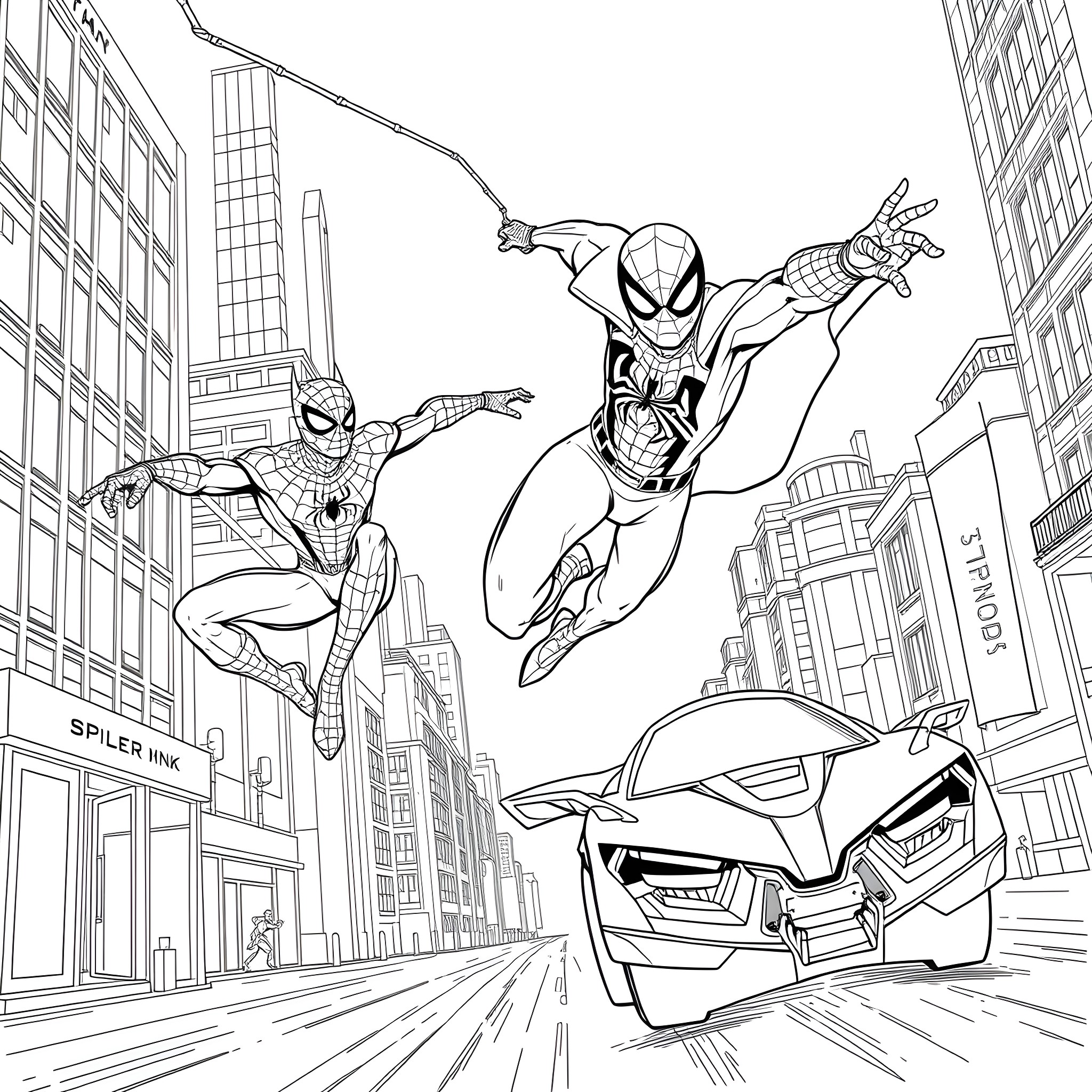 Cars and super heroes swinging through the city Coloring Page (free black-and-white line drawing printable PDF for all, from beginners to advanced learners, including children, teens, adults, and seniors)