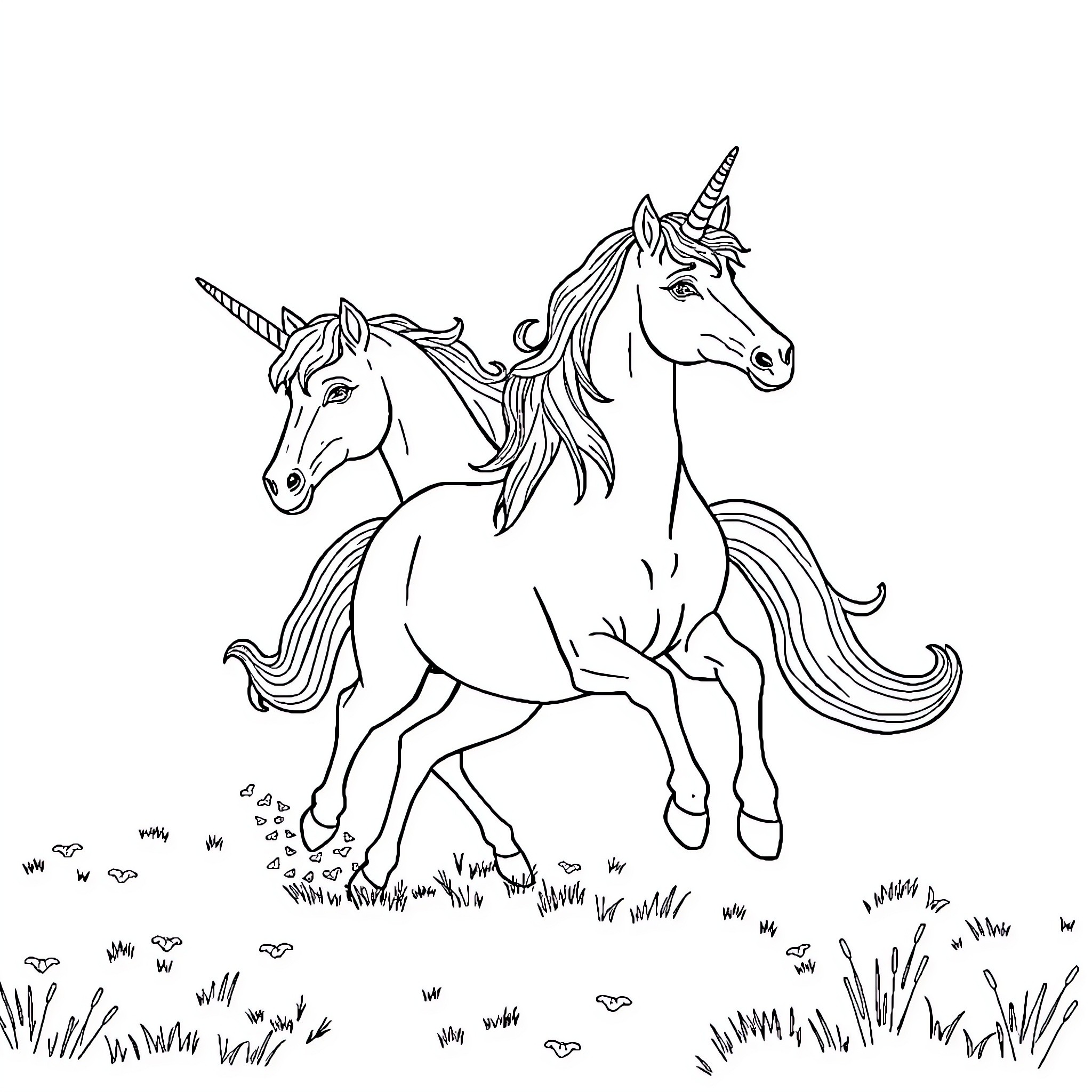 Unicorns running through a grassy field Coloring Page (free black-and-white line drawing printable PDF for all, from beginners to advanced learners, including children, teens, adults, and seniors)