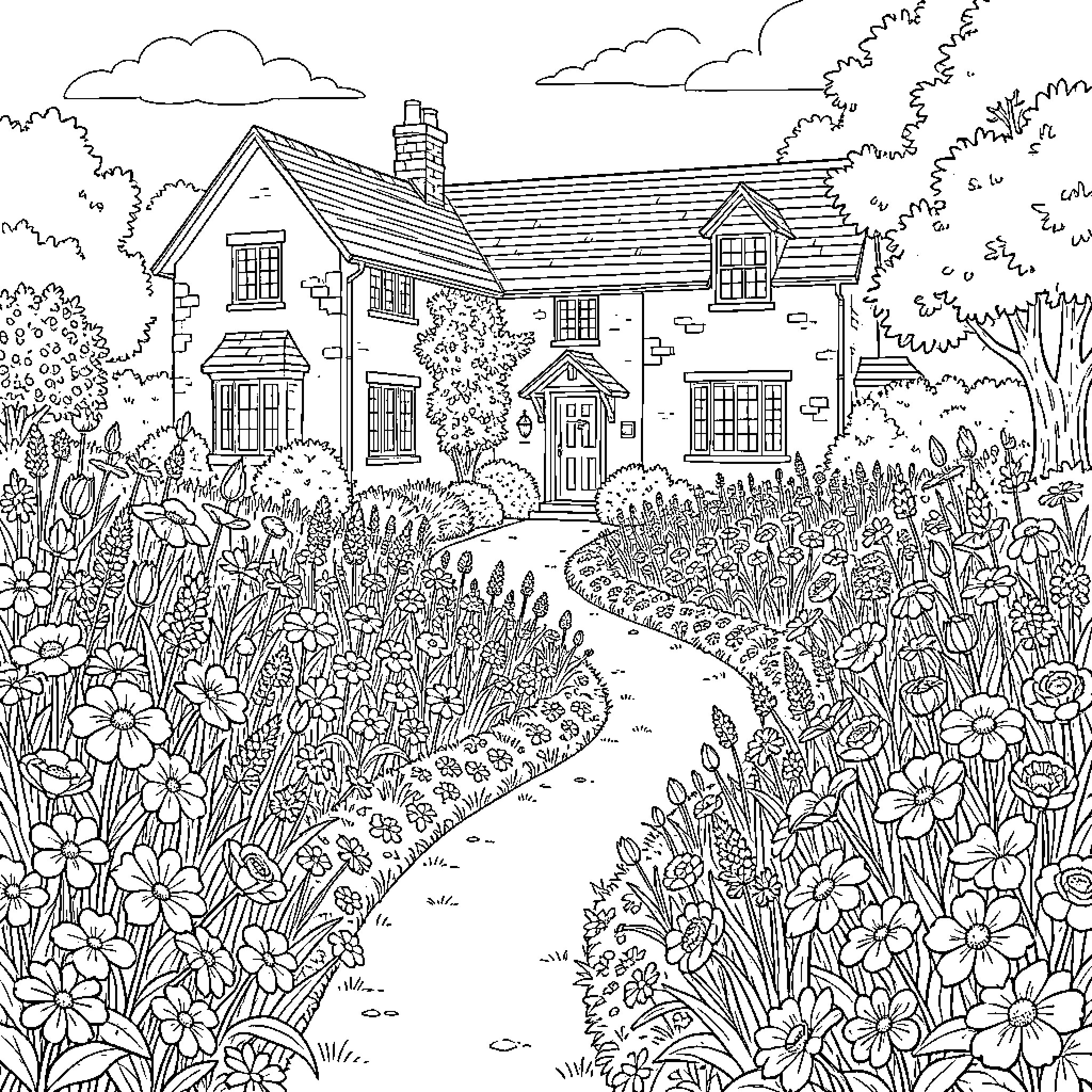 Flower garden surrounding a cozy cottage house Coloring Page (free black-and-white line drawing printable PDF for all, from beginners to advanced learners, including children, teens, adults, and seniors)