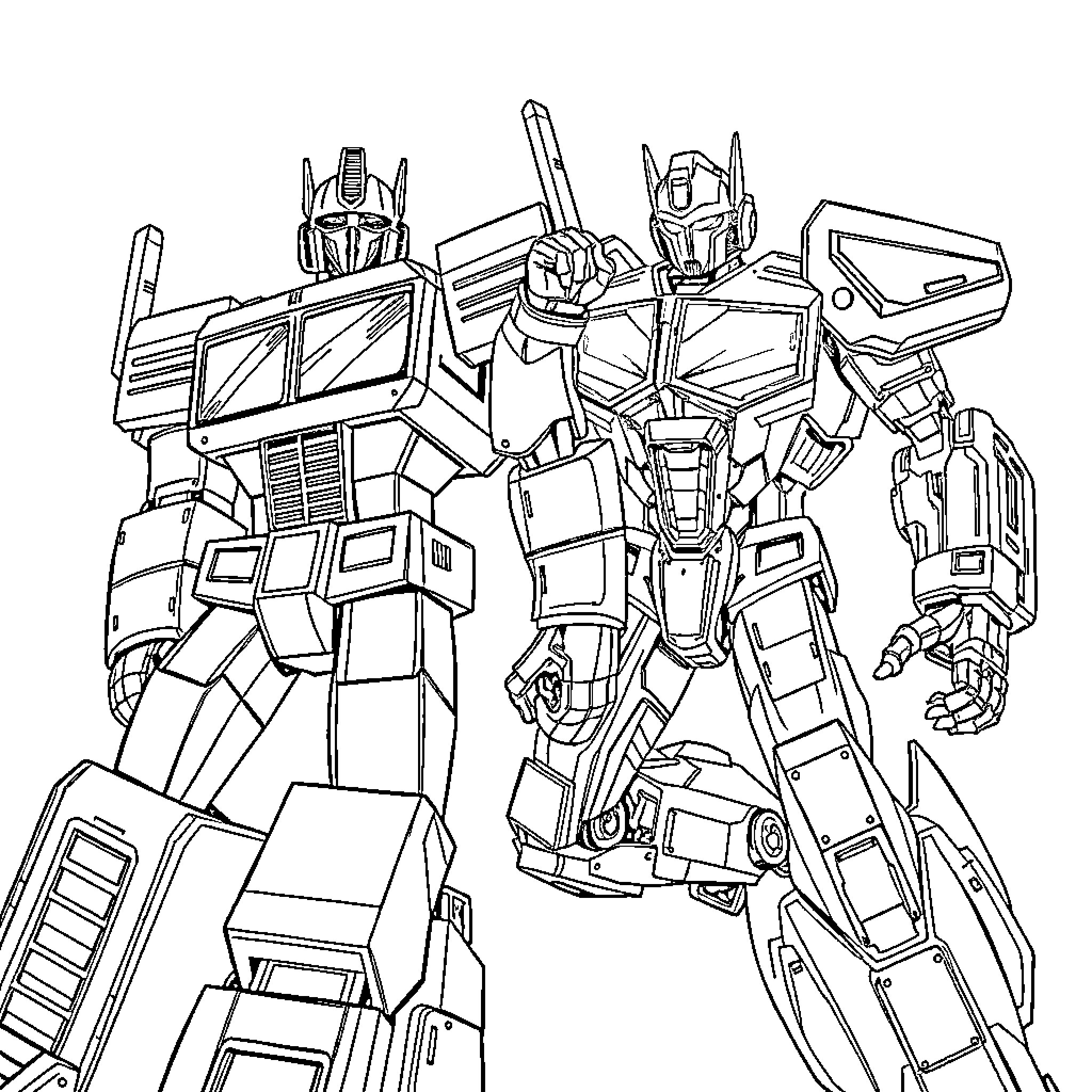 Transformers Robots in Mechanical Poses Coloring Page (free black-and-white line drawing printable PDF for all, from beginners to advanced learners, including children, teens, adults, and seniors)
