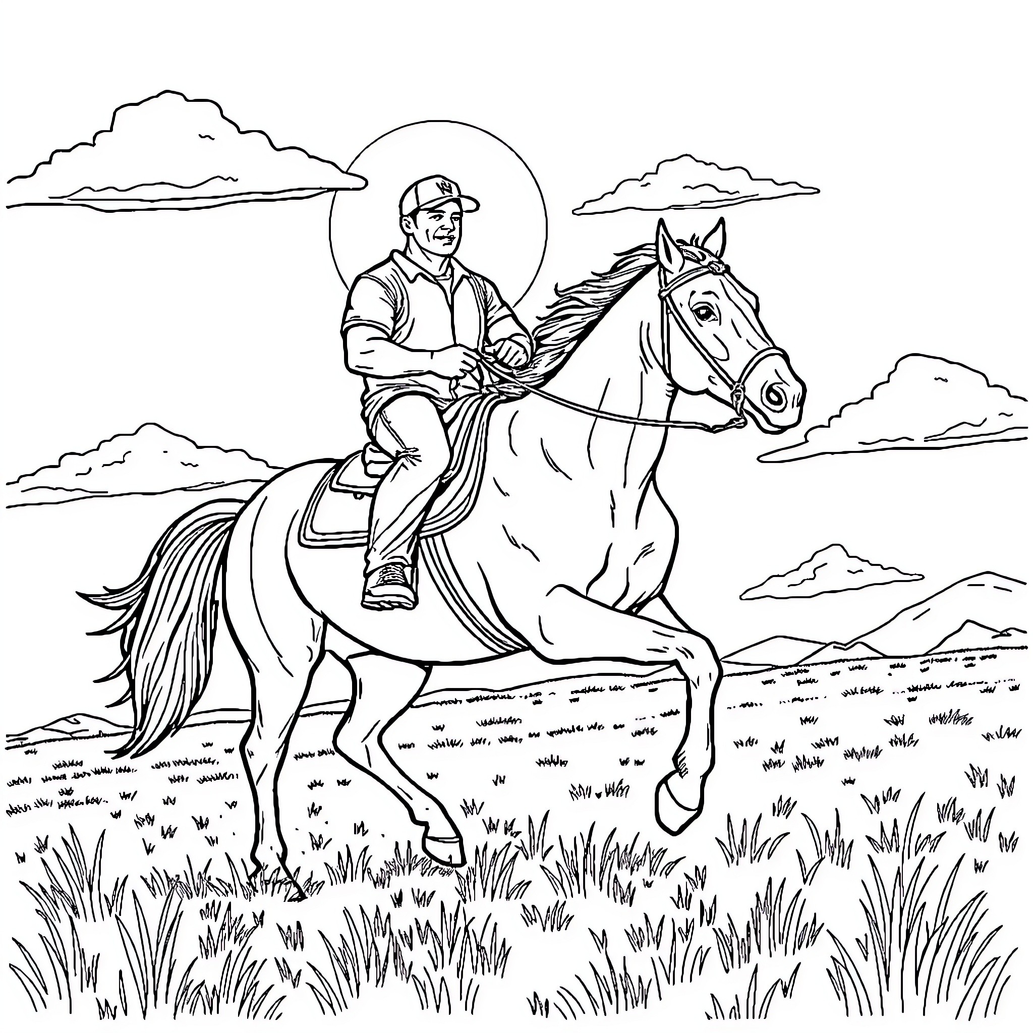 John Cena riding a majestic horse through the countryside Coloring Page (free black-and-white line drawing printable PDF for all, from beginners to advanced learners, including children, teens, adults, and seniors)