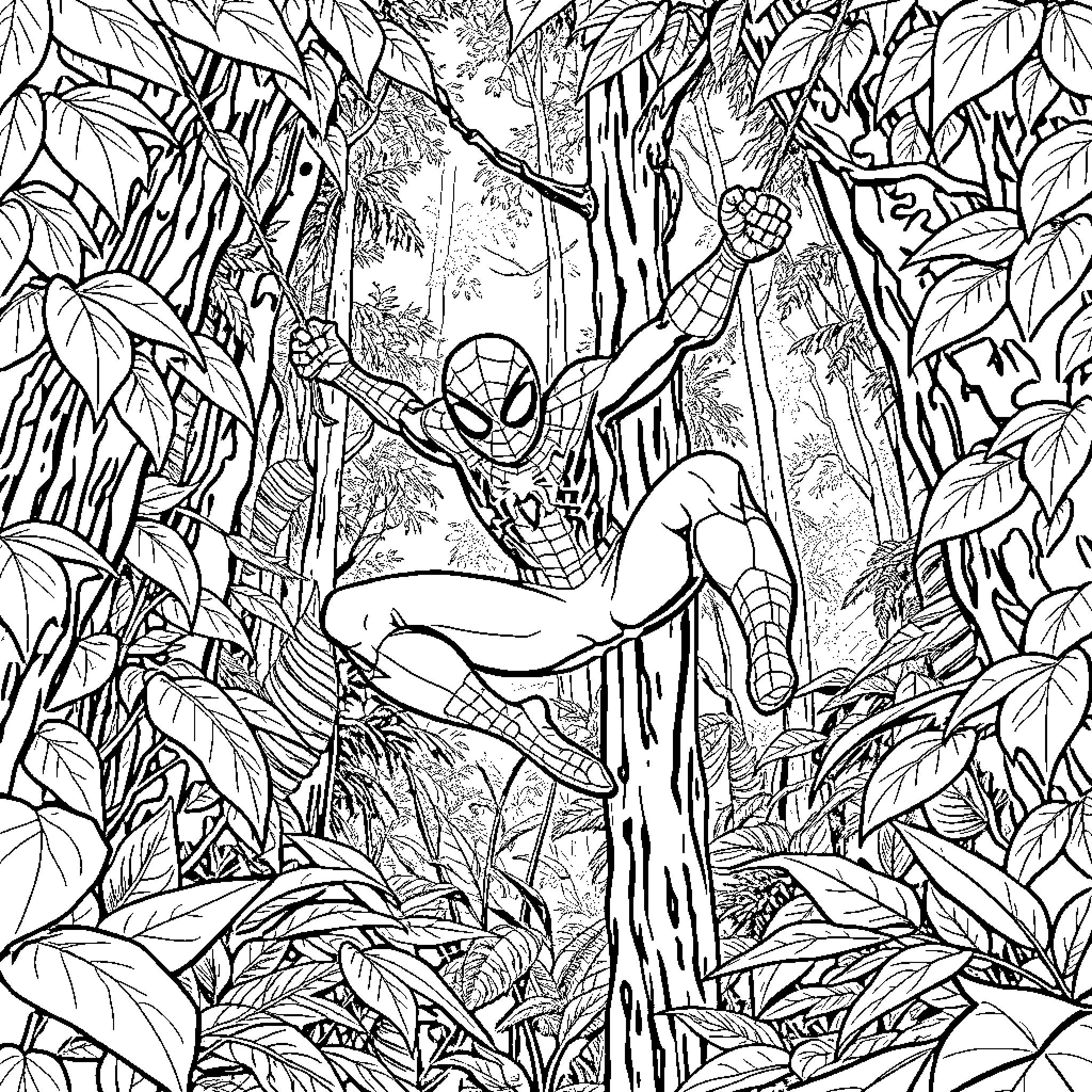Spider-Man exploring the jungle environment Coloring Page (free black-and-white line drawing printable PDF for all, from beginners to advanced learners, including children, teens, adults, and seniors)