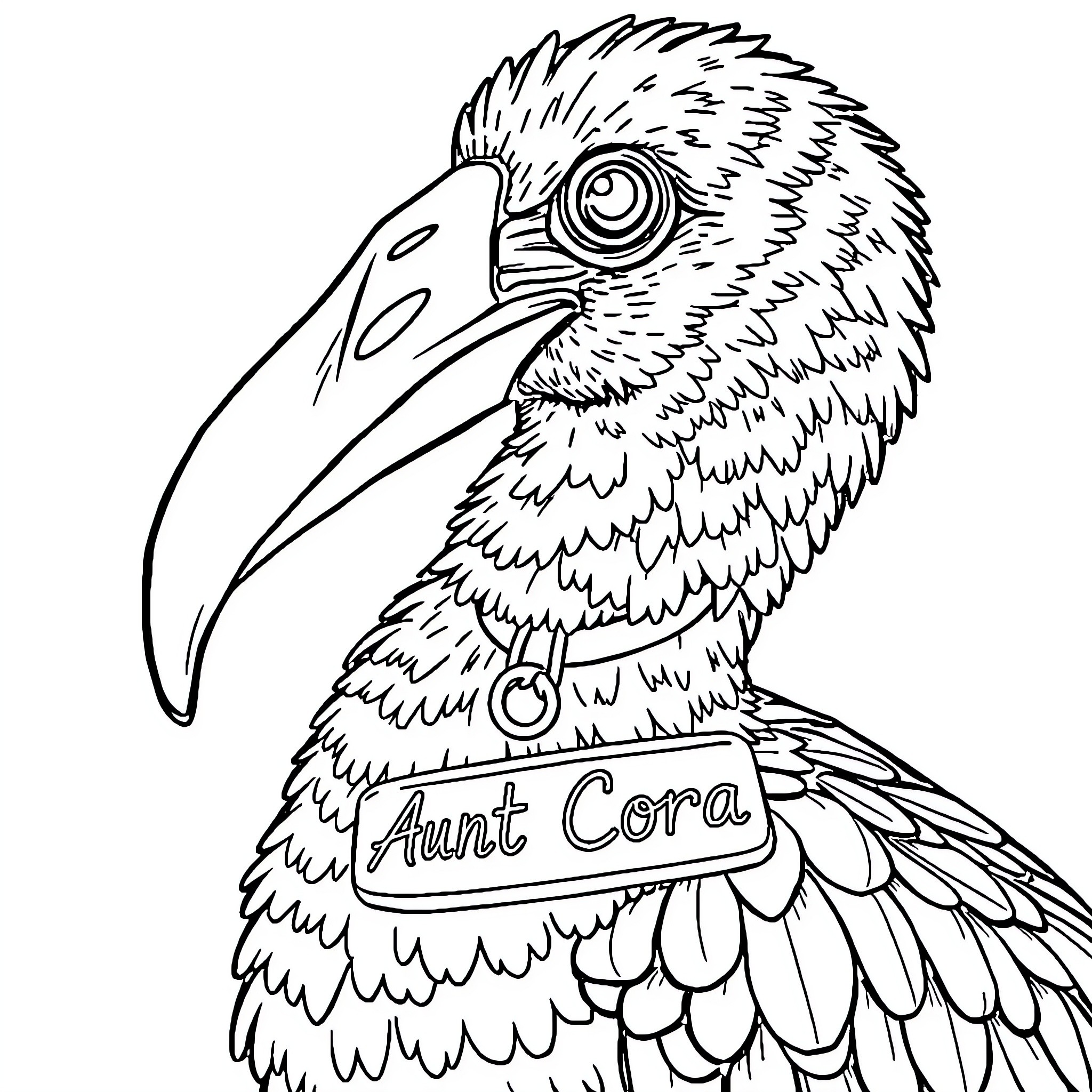 Dodo bird wearing tag with text Coloring Page (free black-and-white line drawing printable PDF for all, from beginners to advanced learners, including children, teens, adults, and seniors)