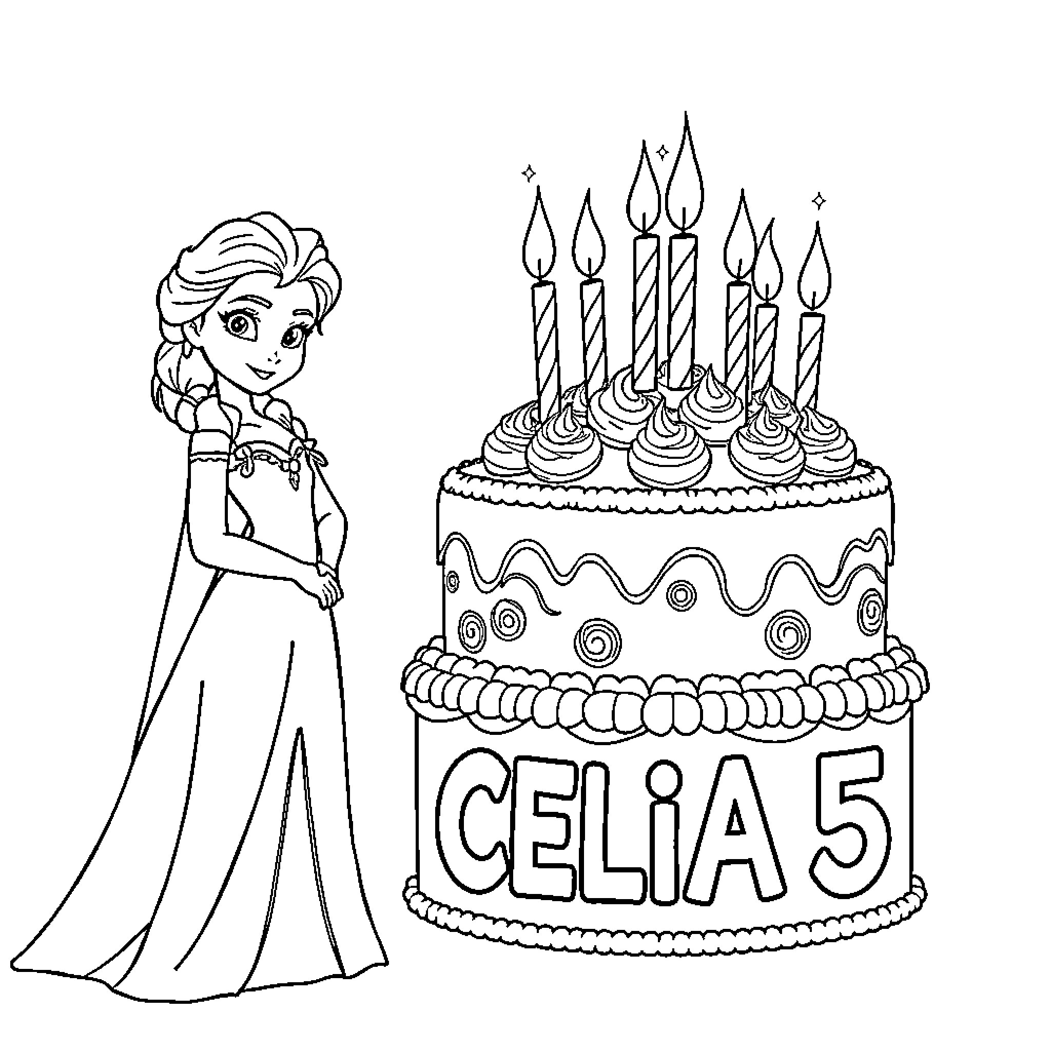 Elsa celebrates her 5th birthday with a decorated cake Coloring Page (free black-and-white line drawing printable PDF for all, from beginners to advanced learners, including children, teens, adults, and seniors)