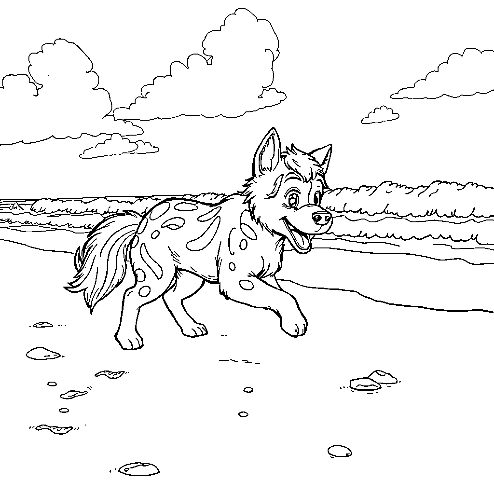 Huntrix Canine Exploring Coastal Landscape Coloring Page (free black-and-white line drawing printable PDF for all, from beginners to advanced learners, including children, teens, adults, and seniors)
