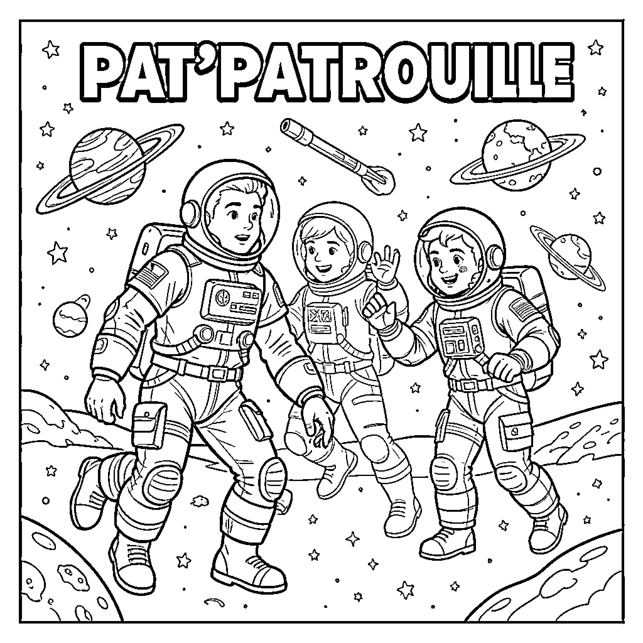 Paw Patrol Space Adventure Coloring Page (free black-and-white line drawing printable PDF for all, from beginners to advanced learners, including children, teens, adults, and seniors)