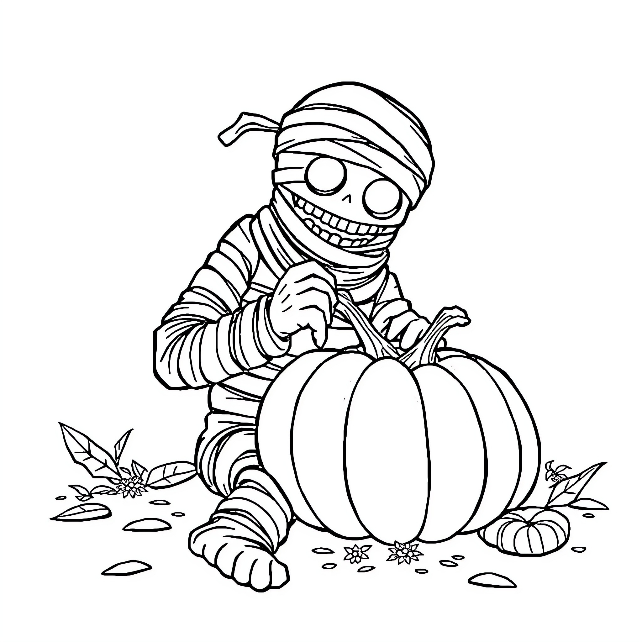 Mummy with Pumpkin in Autumn Scene Coloring Page (free black-and-white line drawing printable PDF for all, from beginners to advanced learners, including children, teens, adults, and seniors)
