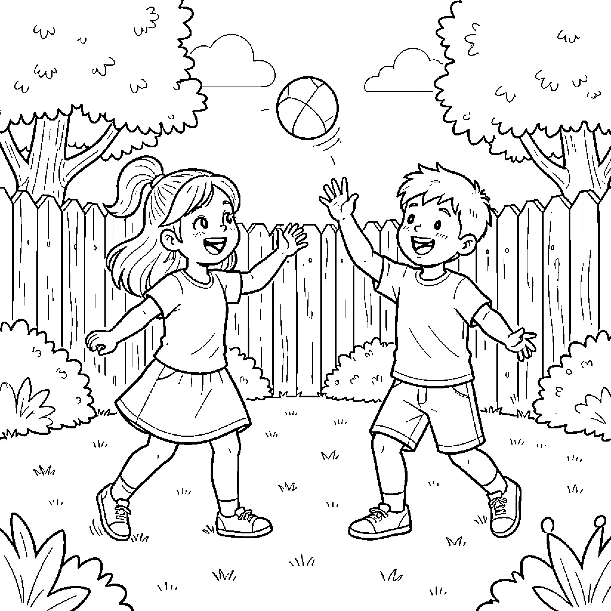 Siblings playing with ball in backyard Coloring Page (free black-and-white line drawing printable PDF for all, from beginners to advanced learners, including children, teens, adults, and seniors)