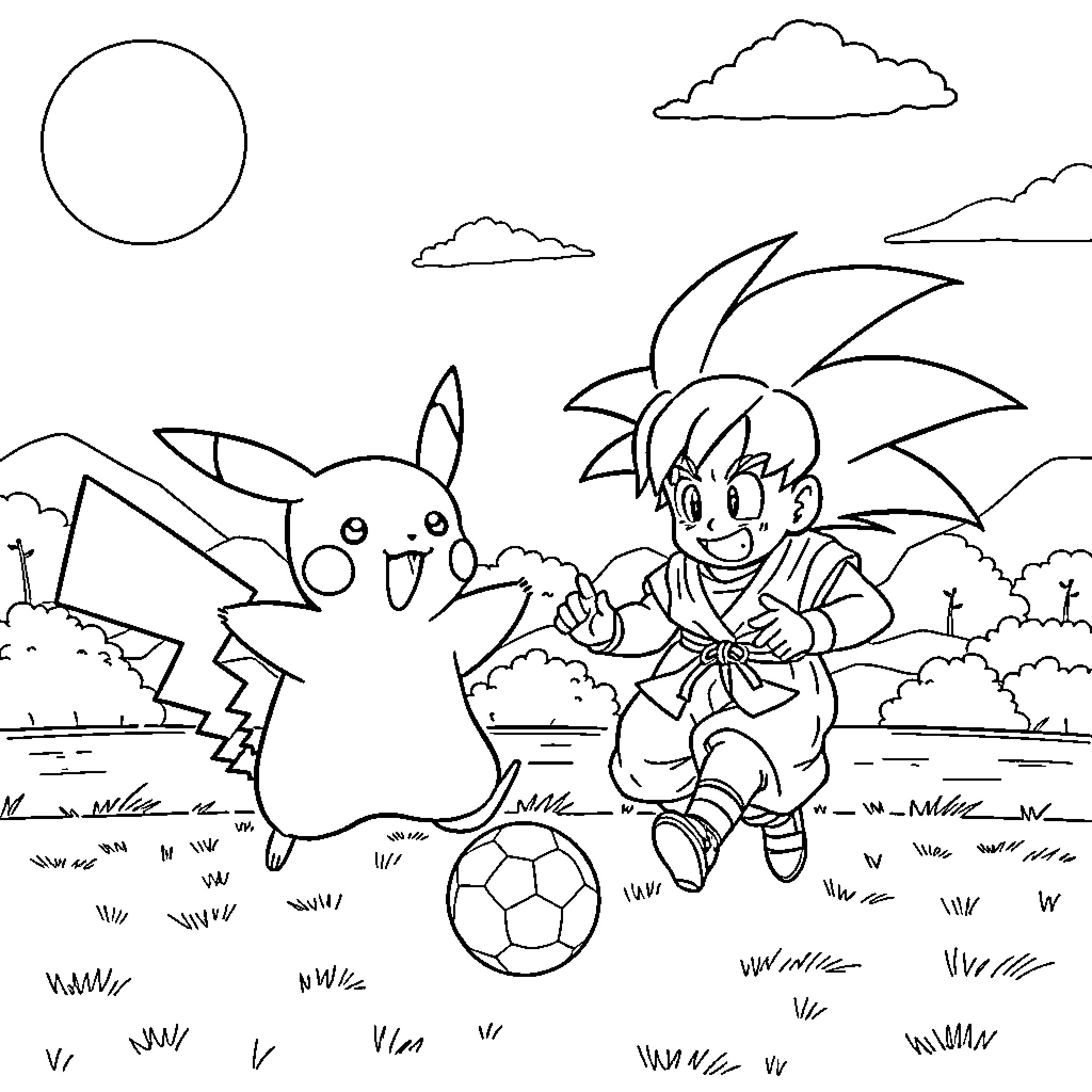 Pikachu and Goku playing soccer in the field Coloring Page (free black-and-white line drawing printable PDF for all, from beginners to advanced learners, including children, teens, adults, and seniors)
