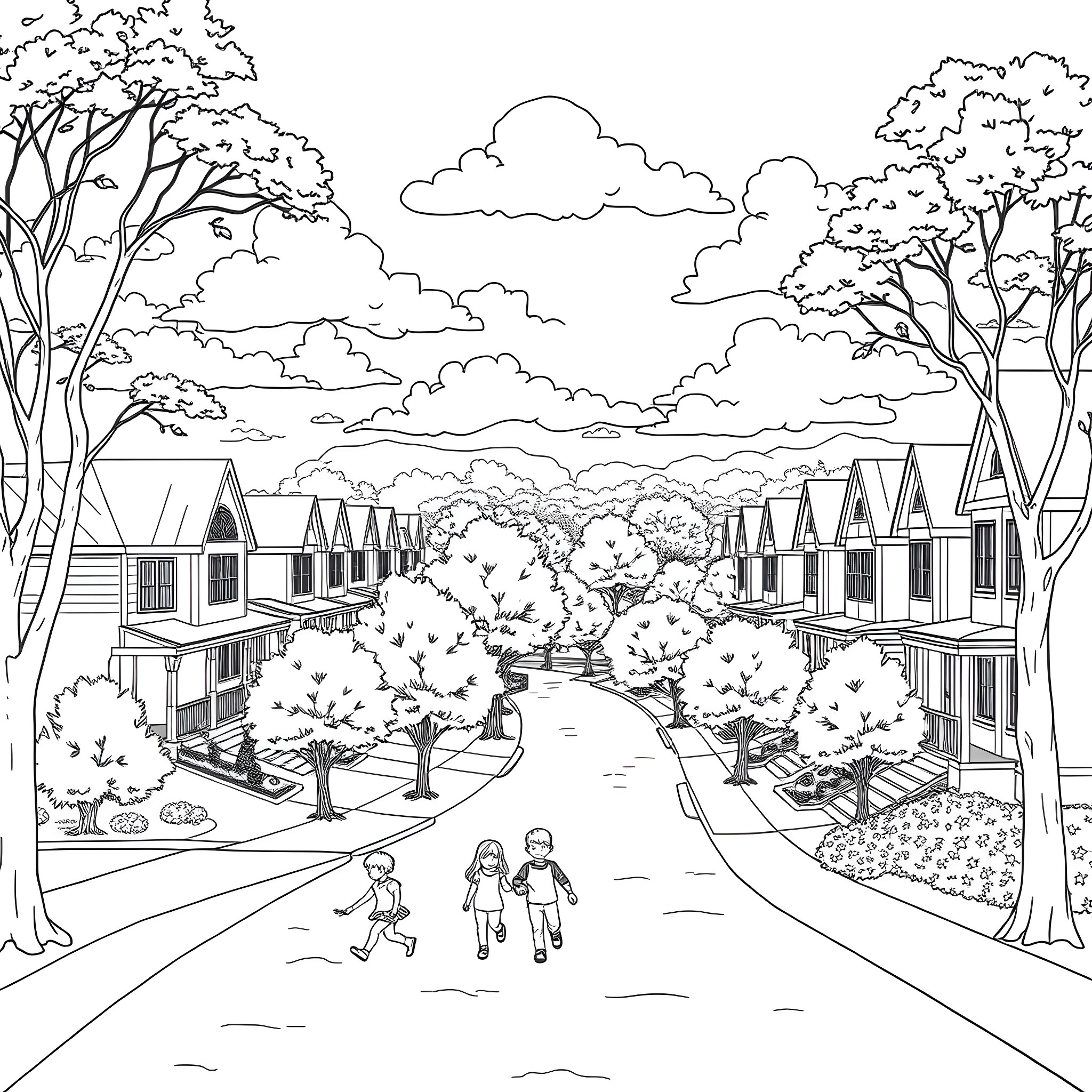 Glen Burnie neighborhood with families enjoying the outdoors Coloring Page (free black-and-white line drawing printable PDF for all, from beginners to advanced learners, including children, teens, adults, and seniors)