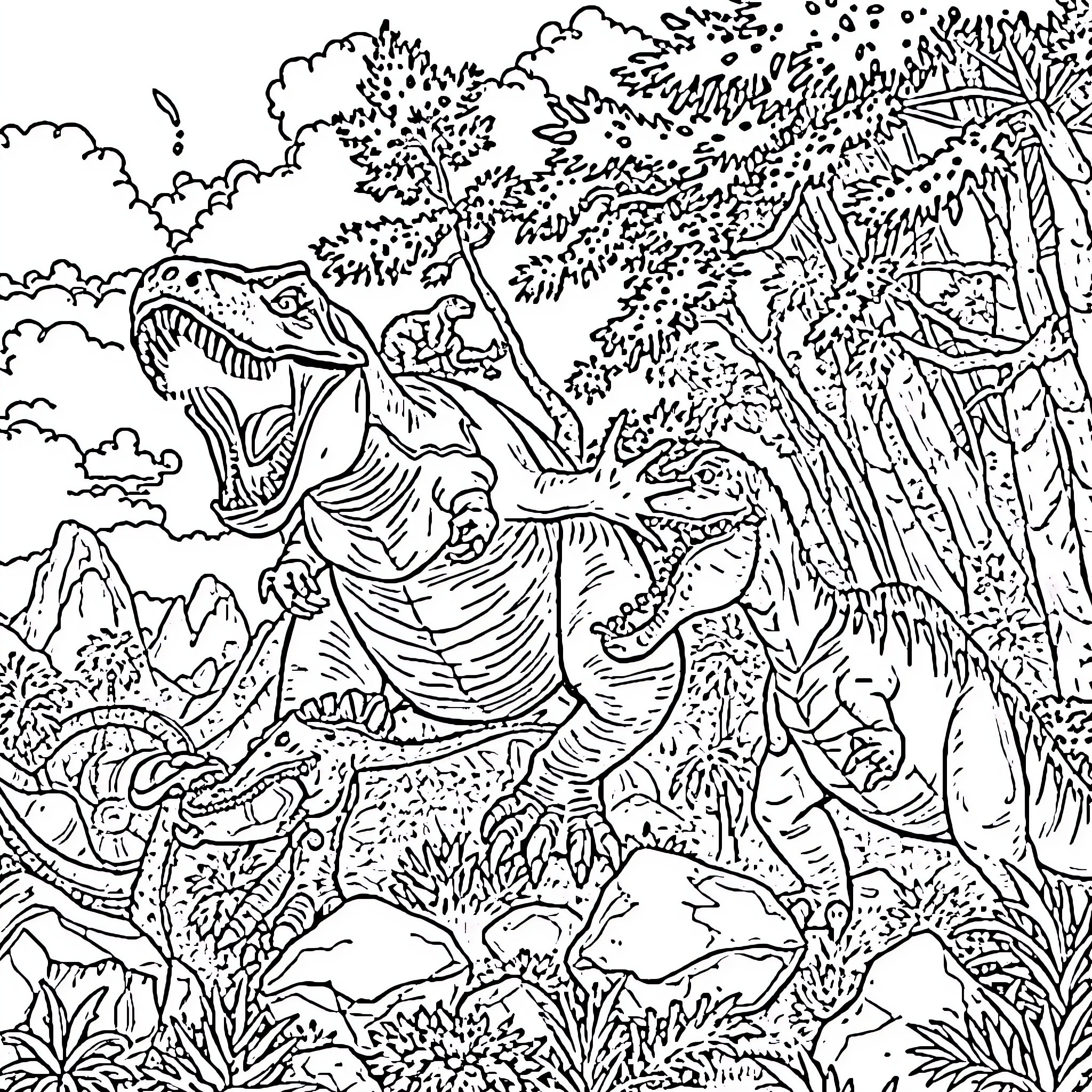 Dinosaur battling fiercely in lush jungle landscape Coloring Page (free black-and-white line drawing printable PDF for all, from beginners to advanced learners, including children, teens, adults, and seniors)