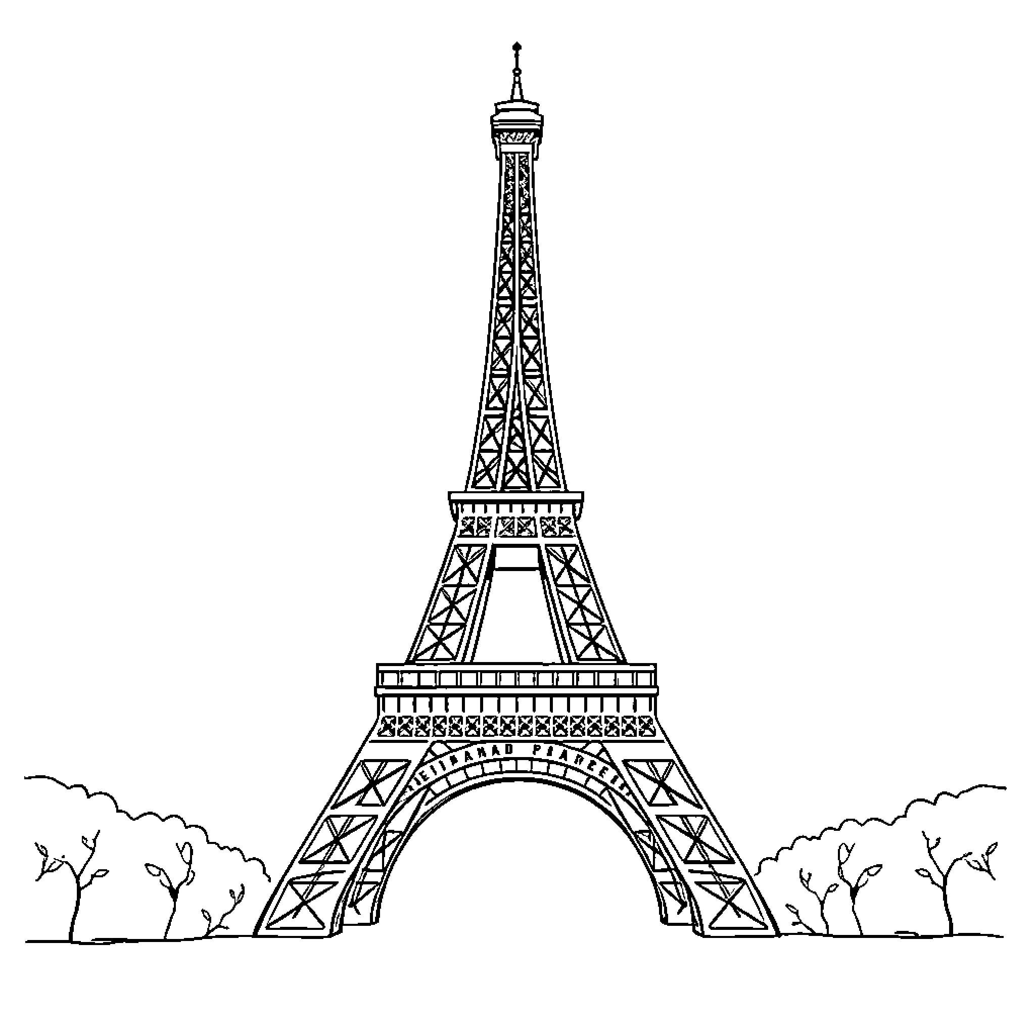 Eiffel Tower standing tall in the landscape Coloring Page (free black-and-white line drawing printable PDF for all, from beginners to advanced learners, including children, teens, adults, and seniors)