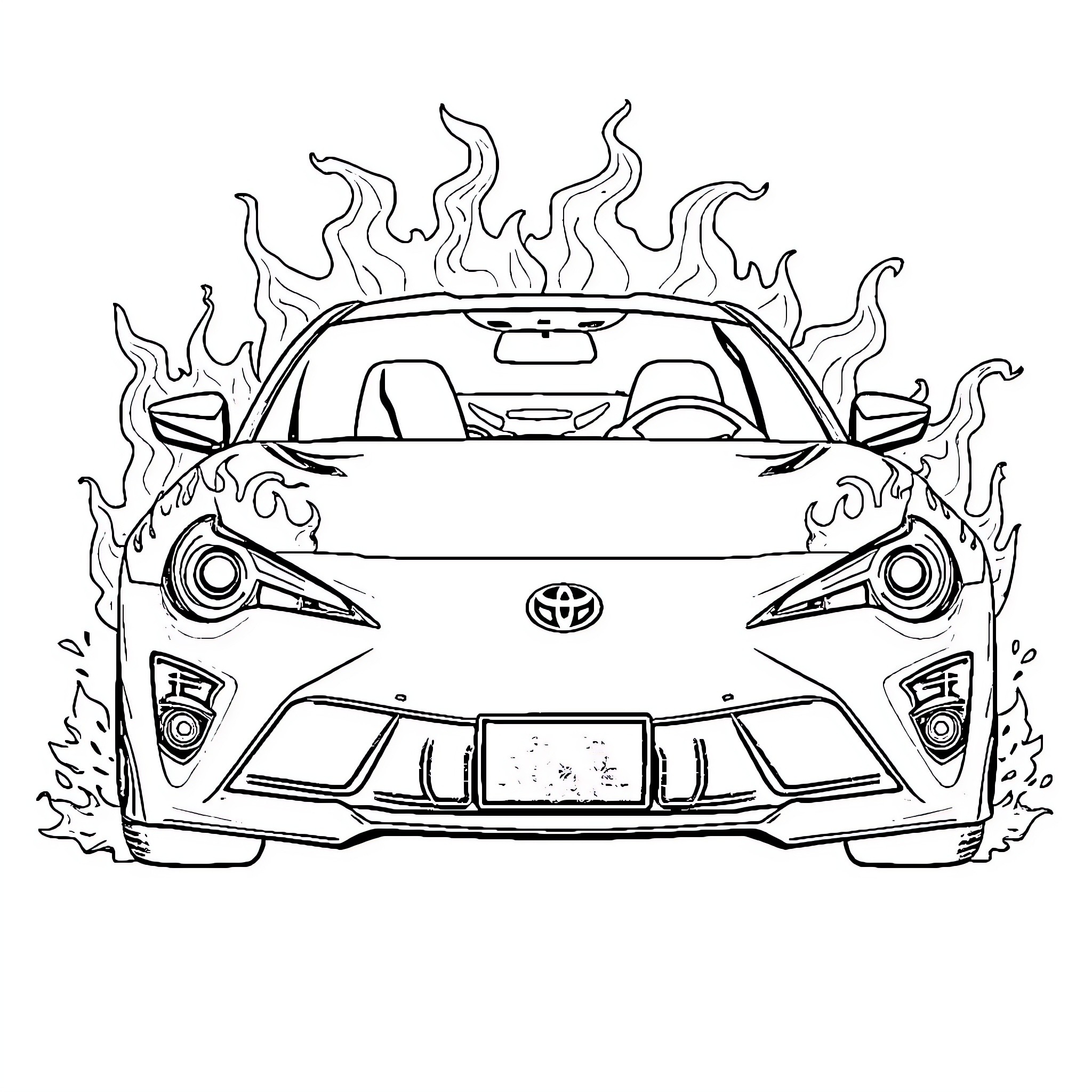 Toyota sports car with fiery styling Coloring Page (free black-and-white line drawing printable PDF for all, from beginners to advanced learners, including children, teens, adults, and seniors)