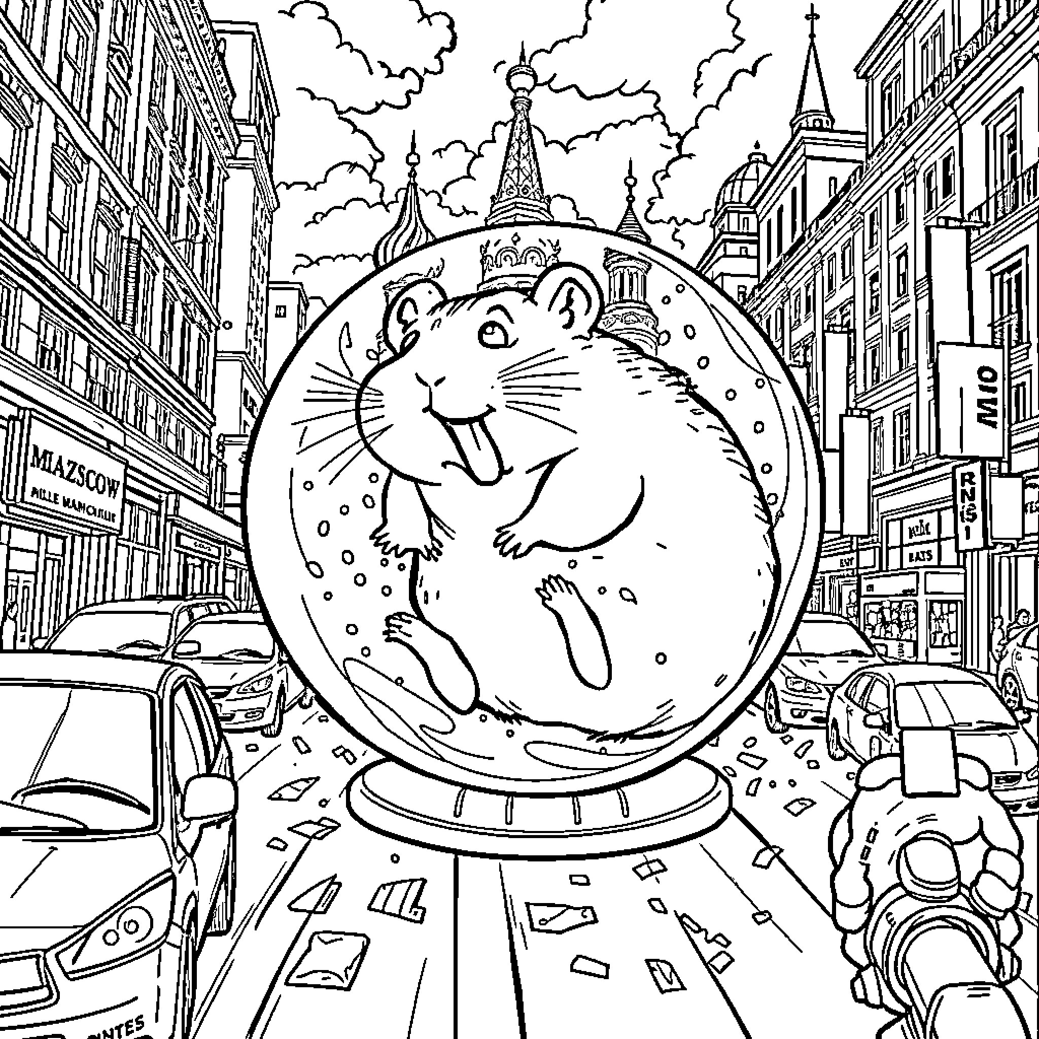 Hamster inside a giant snow globe in the city Coloring Page (free black-and-white line drawing printable PDF for all, from beginners to advanced learners, including children, teens, adults, and seniors)