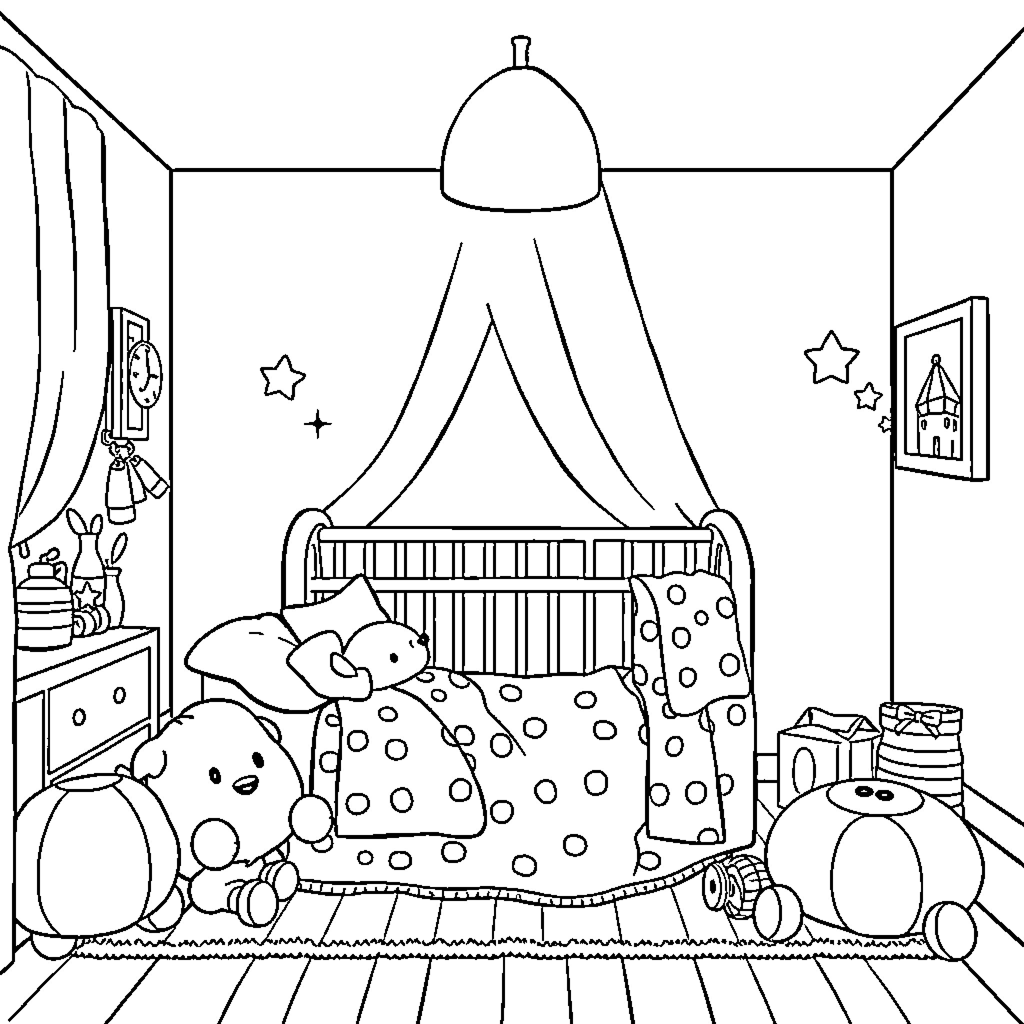 Baby Boy Sleeping Peacefully in Crib Coloring Page (free black-and-white line drawing printable PDF for all, from beginners to advanced learners, including children, teens, adults, and seniors)