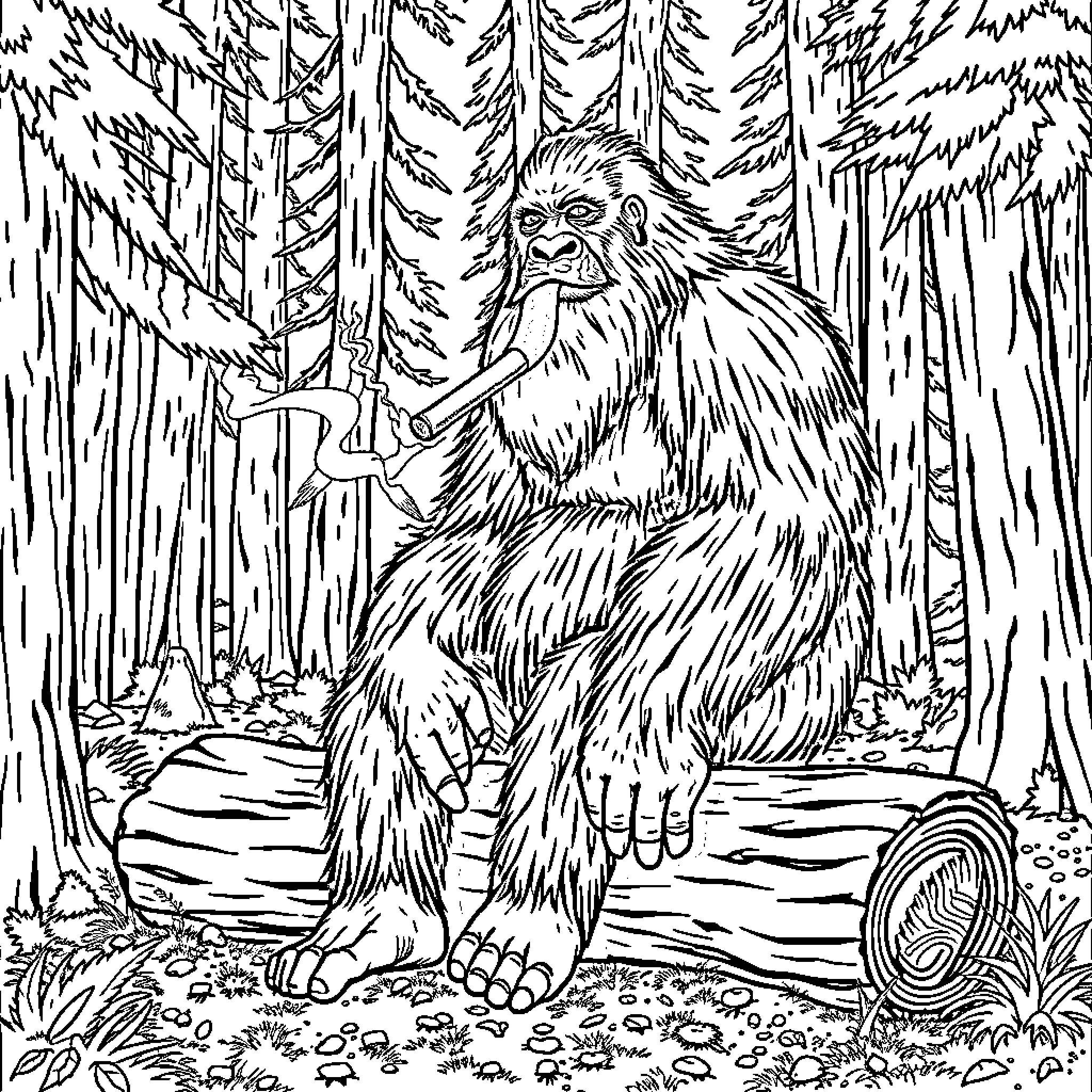 Bigfoot wielding a sword in the forest Coloring Page (free black-and-white line drawing printable PDF for all, from beginners to advanced learners, including children, teens, adults, and seniors)