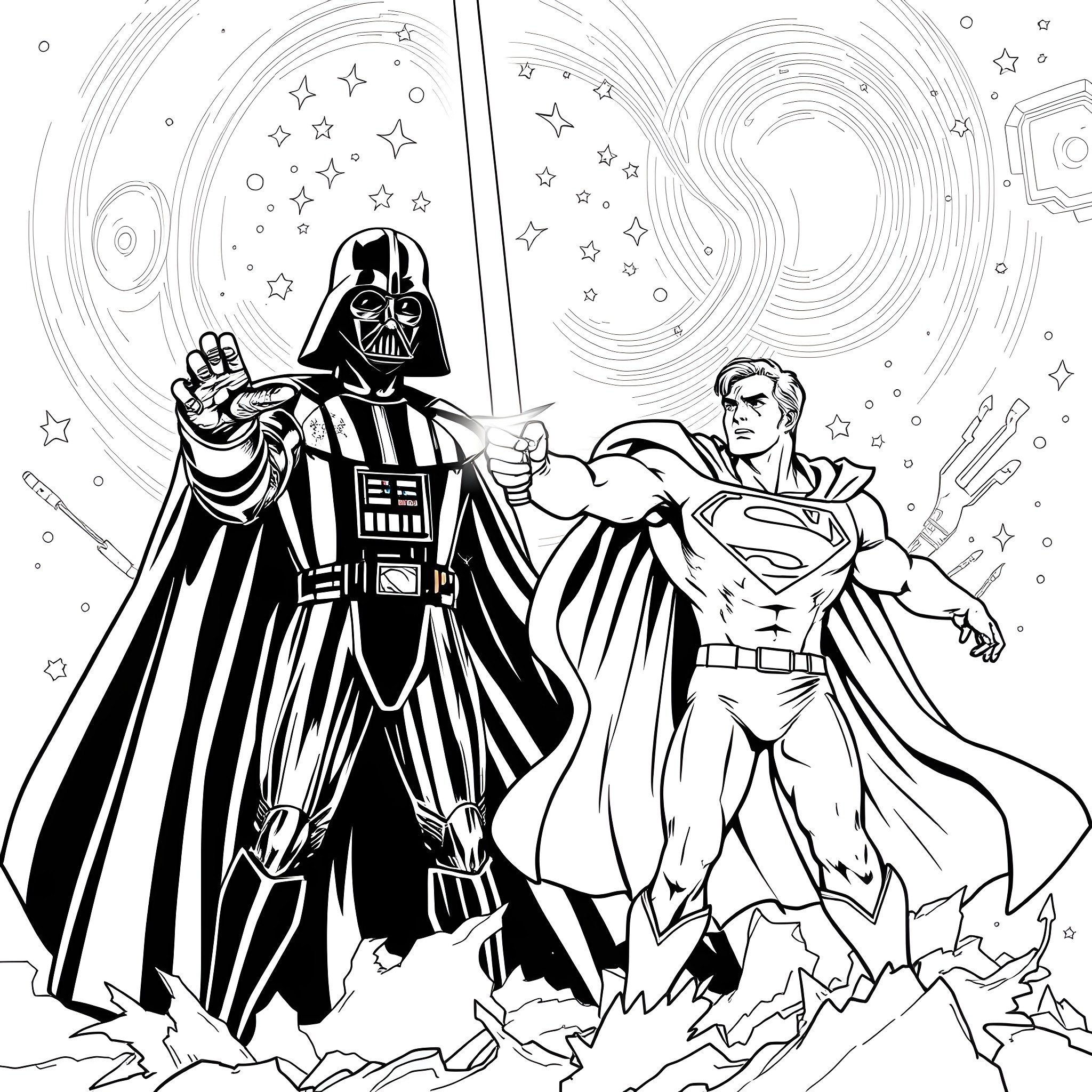 Darth Vader and Superman in a cosmic battle Coloring Page (free black-and-white line drawing printable PDF for all, from beginners to advanced learners, including children, teens, adults, and seniors)